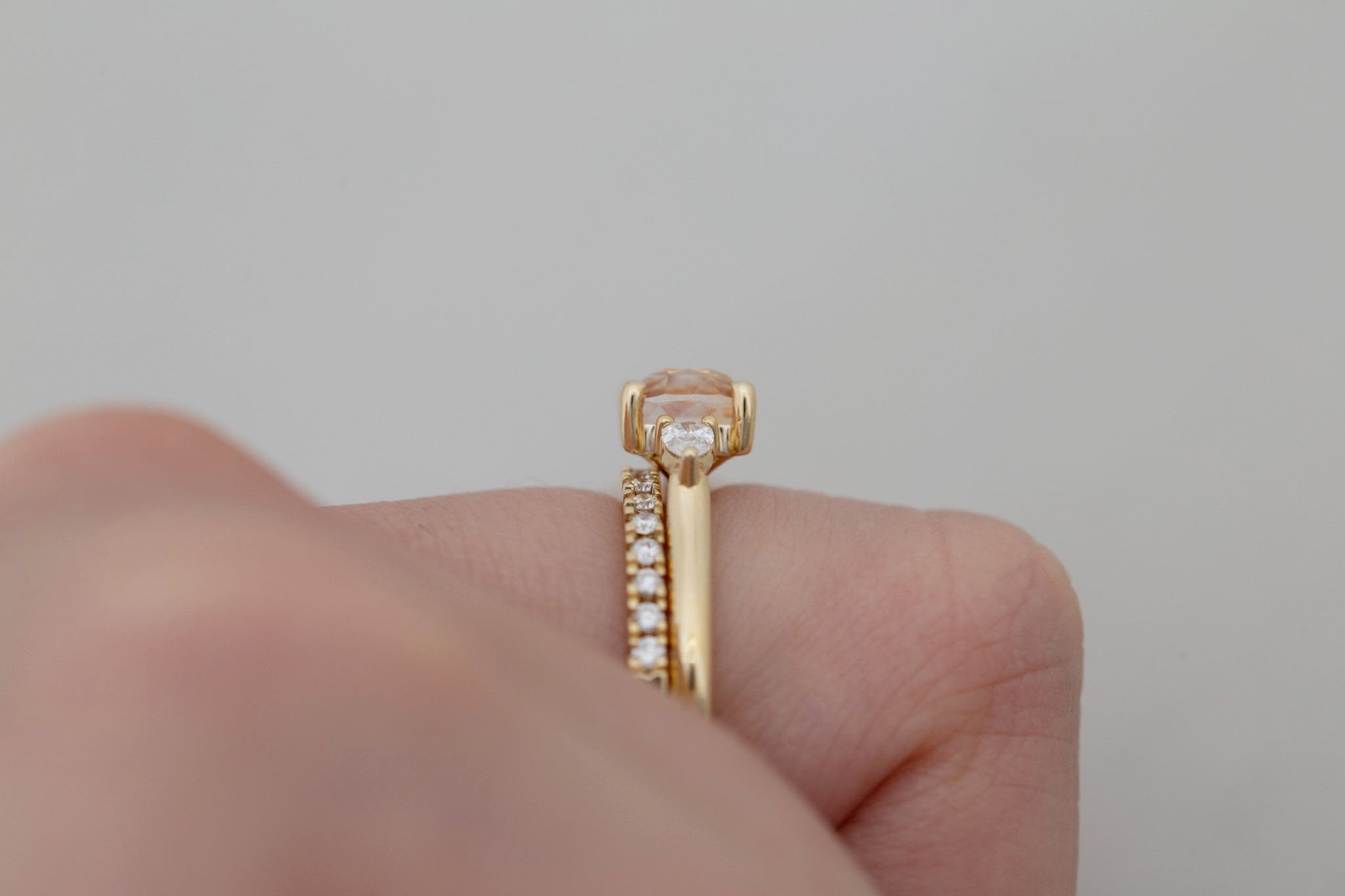 Iris Ring | Peach Cushion Cut Sapphire + Pear Diamond Accent Engagement Ring 1.42 ct | 14k Recycled Gold | One of a Kind