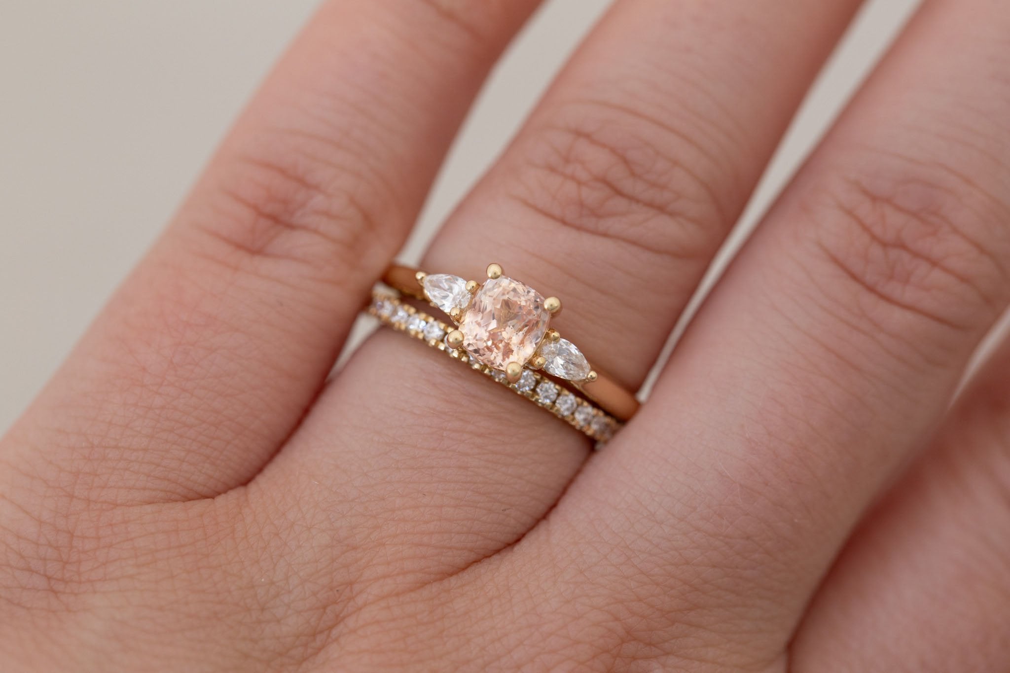 Iris Ring | Peach Cushion Cut Sapphire + Pear Diamond Accent Engagement Ring 1.42 ct | 14k Recycled Gold | One of a Kind