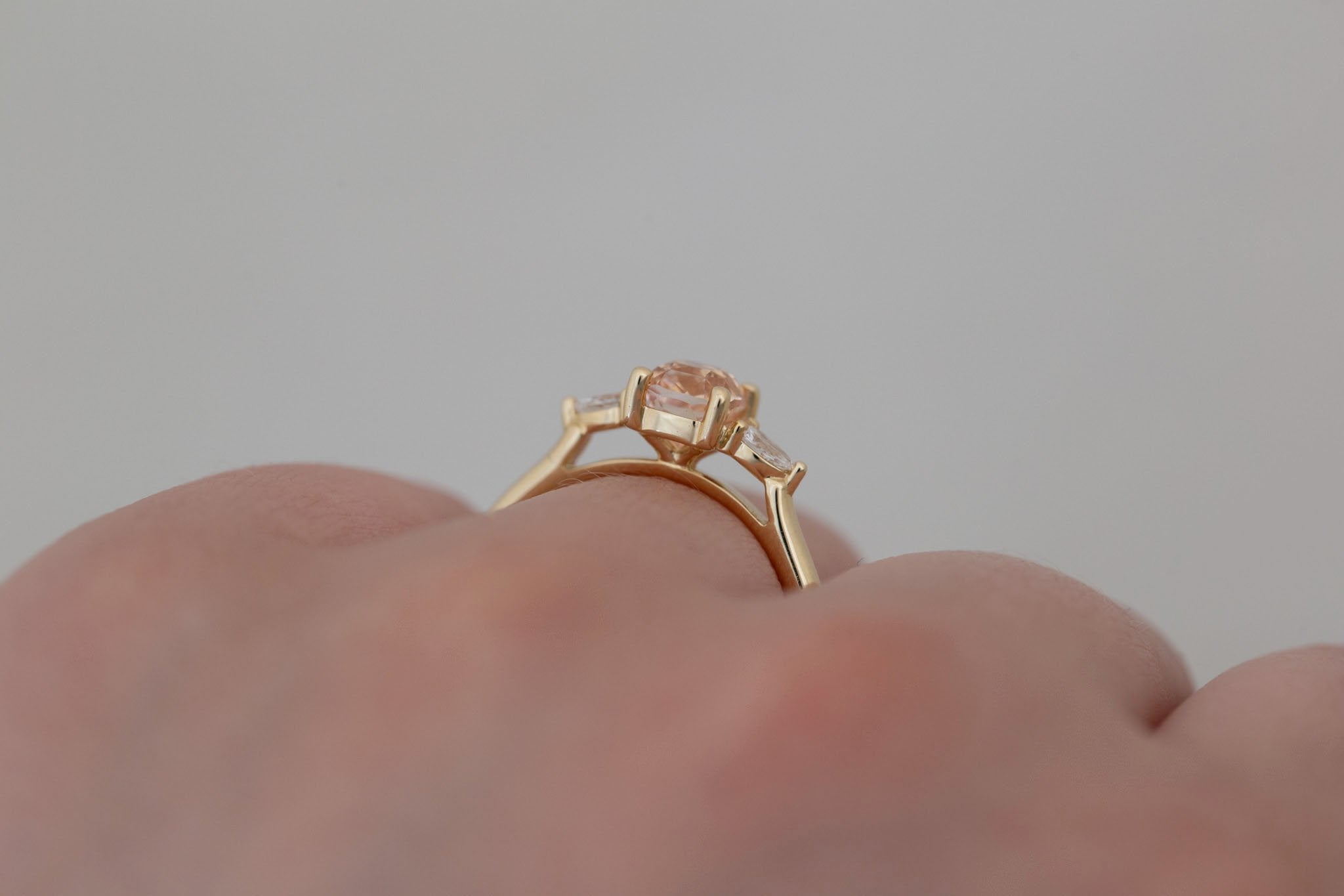 Iris Ring | Peach Cushion Cut Sapphire + Pear Diamond Accent Engagement Ring 1.42 ct | 14k Recycled Gold | One of a Kind