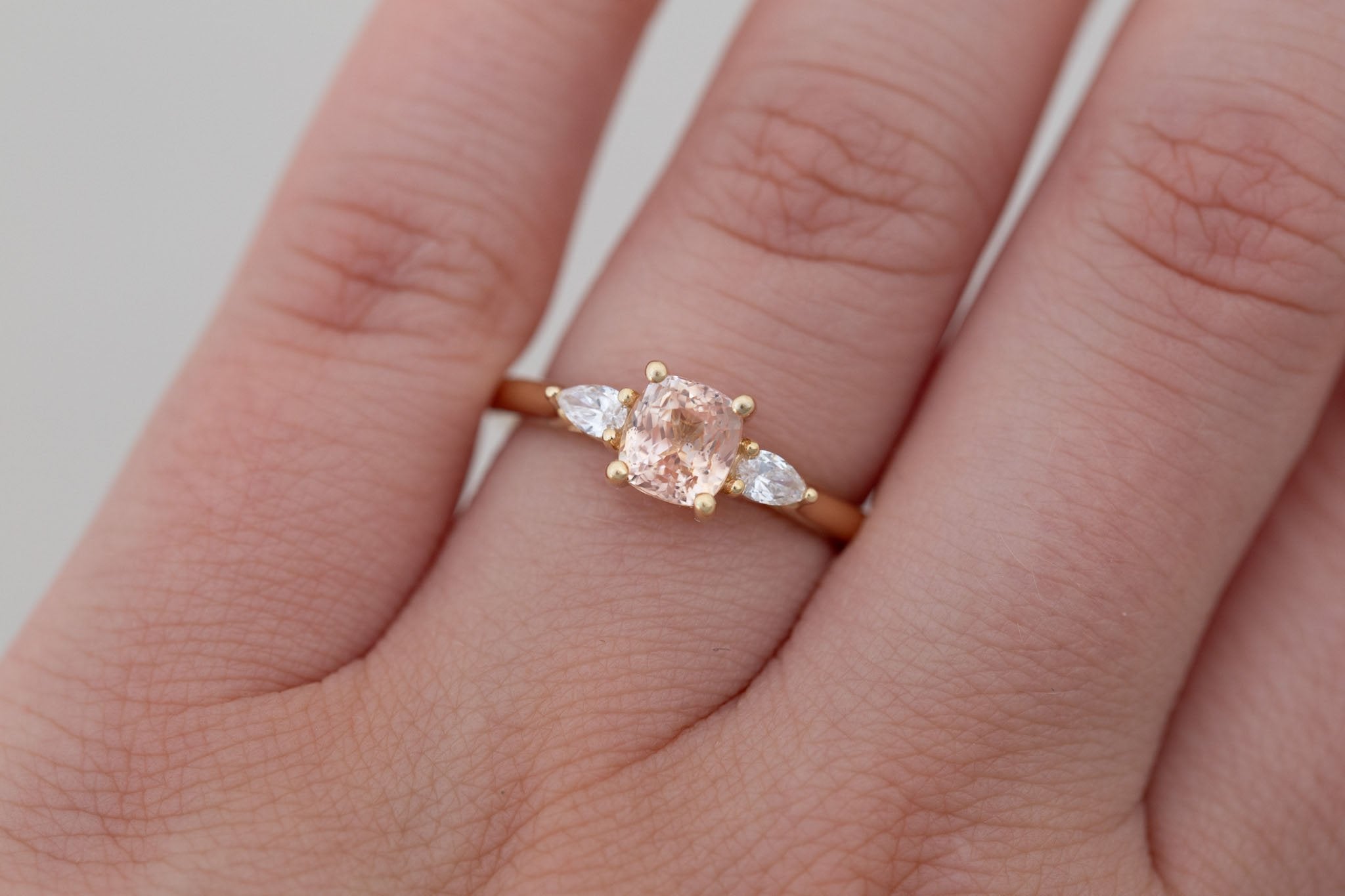 Iris Ring | Peach Cushion Cut Sapphire + Pear Diamond Accent Engagement Ring 1.42 ct | 14k Recycled Gold | One of a Kind