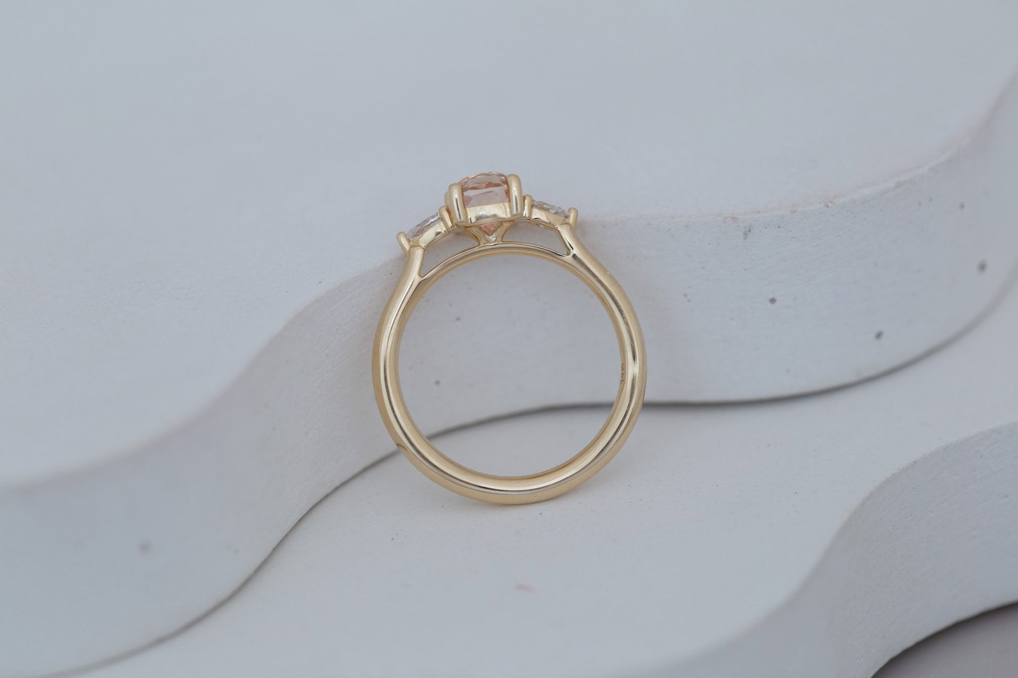 Iris Ring | Peach Cushion Cut Sapphire + Pear Diamond Accent Engagement Ring 1.42 ct | 14k Recycled Gold | One of a Kind