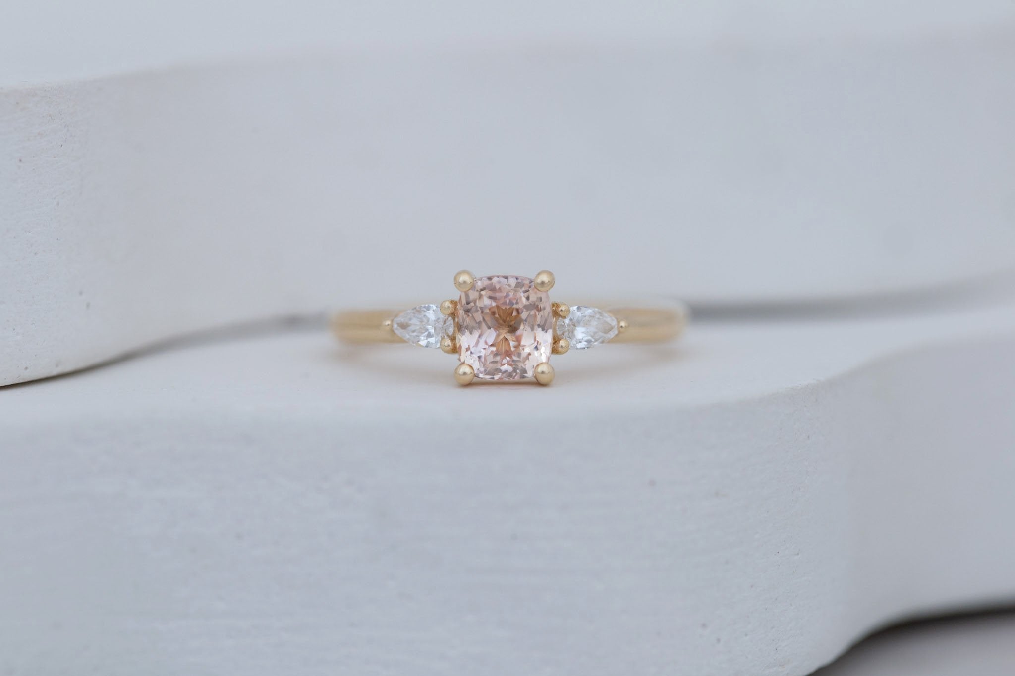 Iris Ring | Peach Cushion Cut Sapphire + Pear Diamond Accent Engagement Ring 1.42 ct | 14k Recycled Gold | One of a Kind