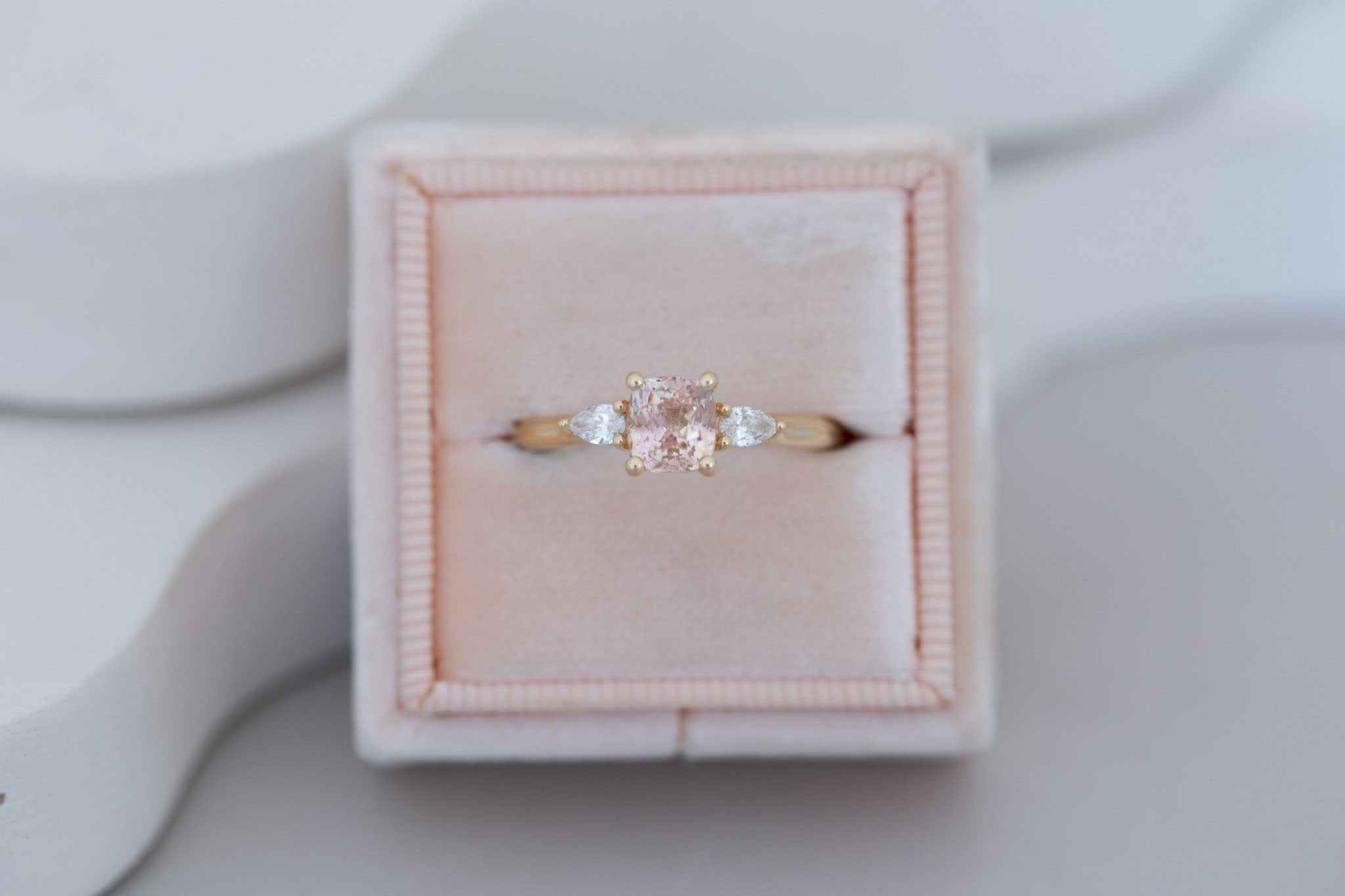 Iris Ring | Peach Cushion Cut Sapphire + Pear Diamond Accent Engagement Ring 1.42 ct | 14k Recycled Gold | One of a Kind