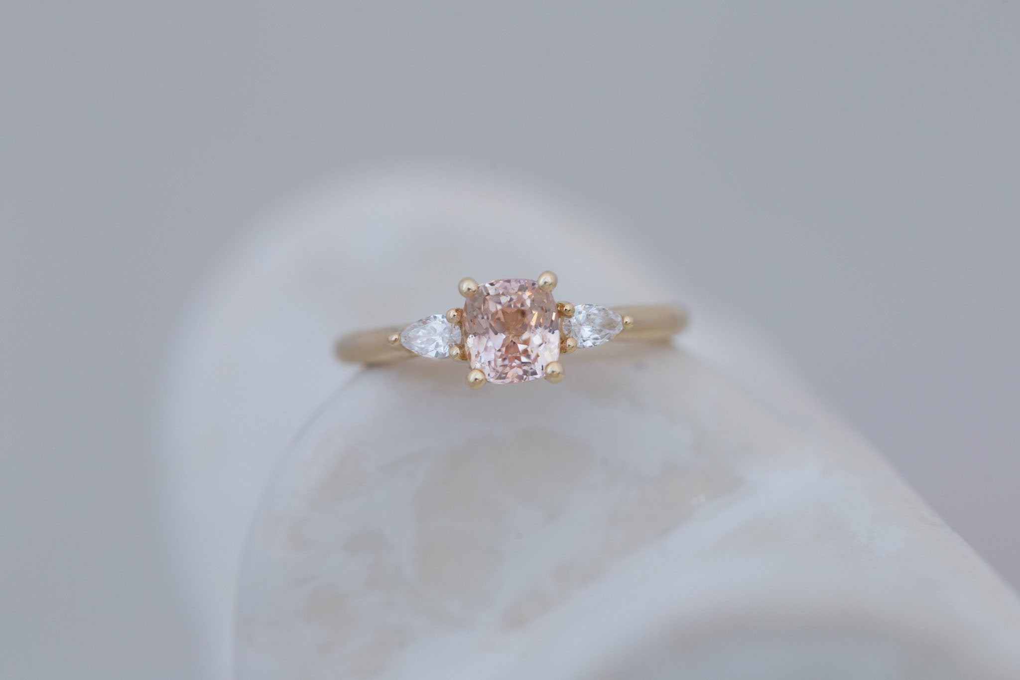Iris Ring | Peach Cushion Cut Sapphire + Pear Diamond Accent Engagement Ring 1.42 ct | 14k Recycled Gold | One of a Kind