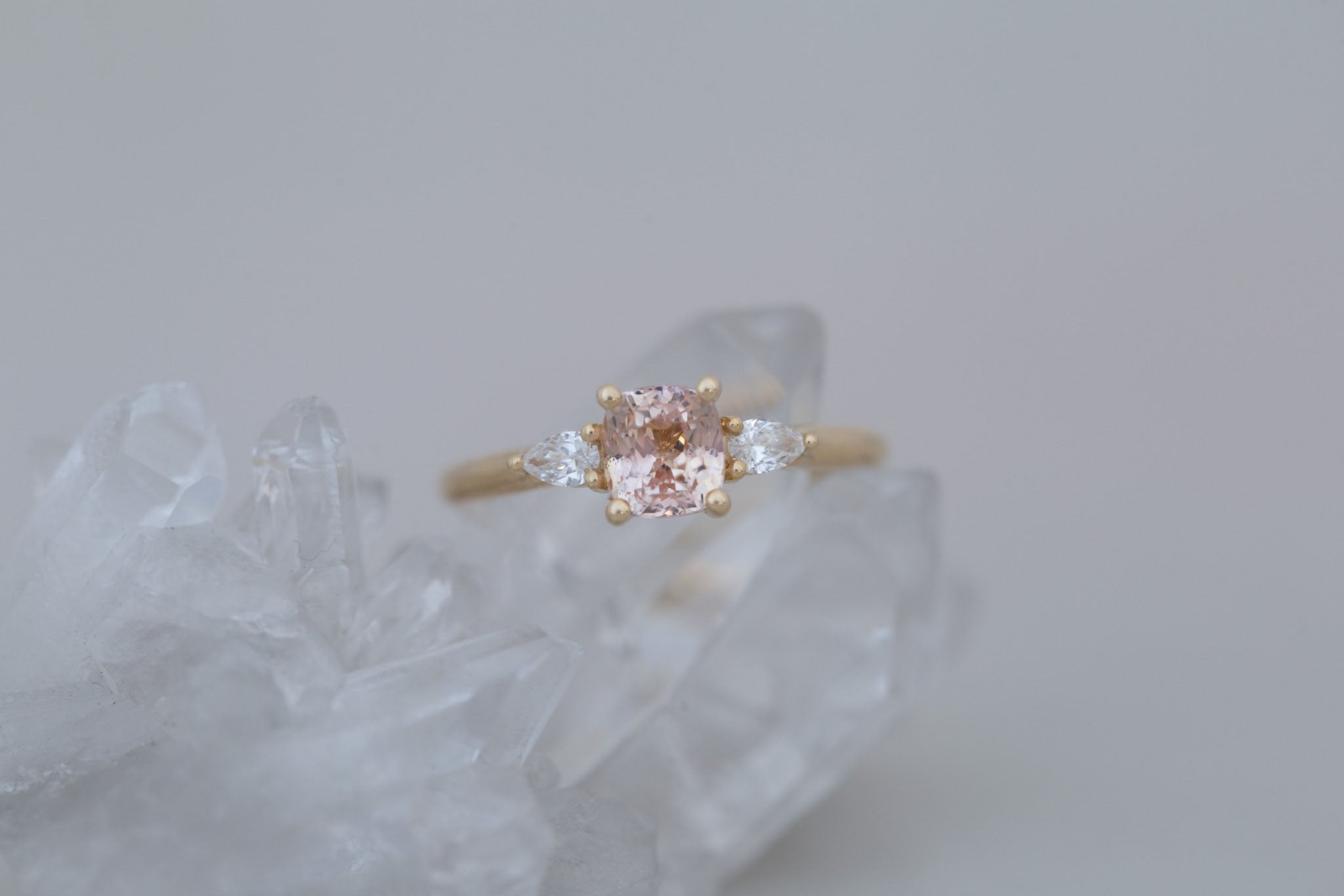 Iris Ring | Peach Cushion Cut Sapphire + Pear Diamond Accent Engagement Ring 1.42 ct | 14k Recycled Gold | One of a Kind