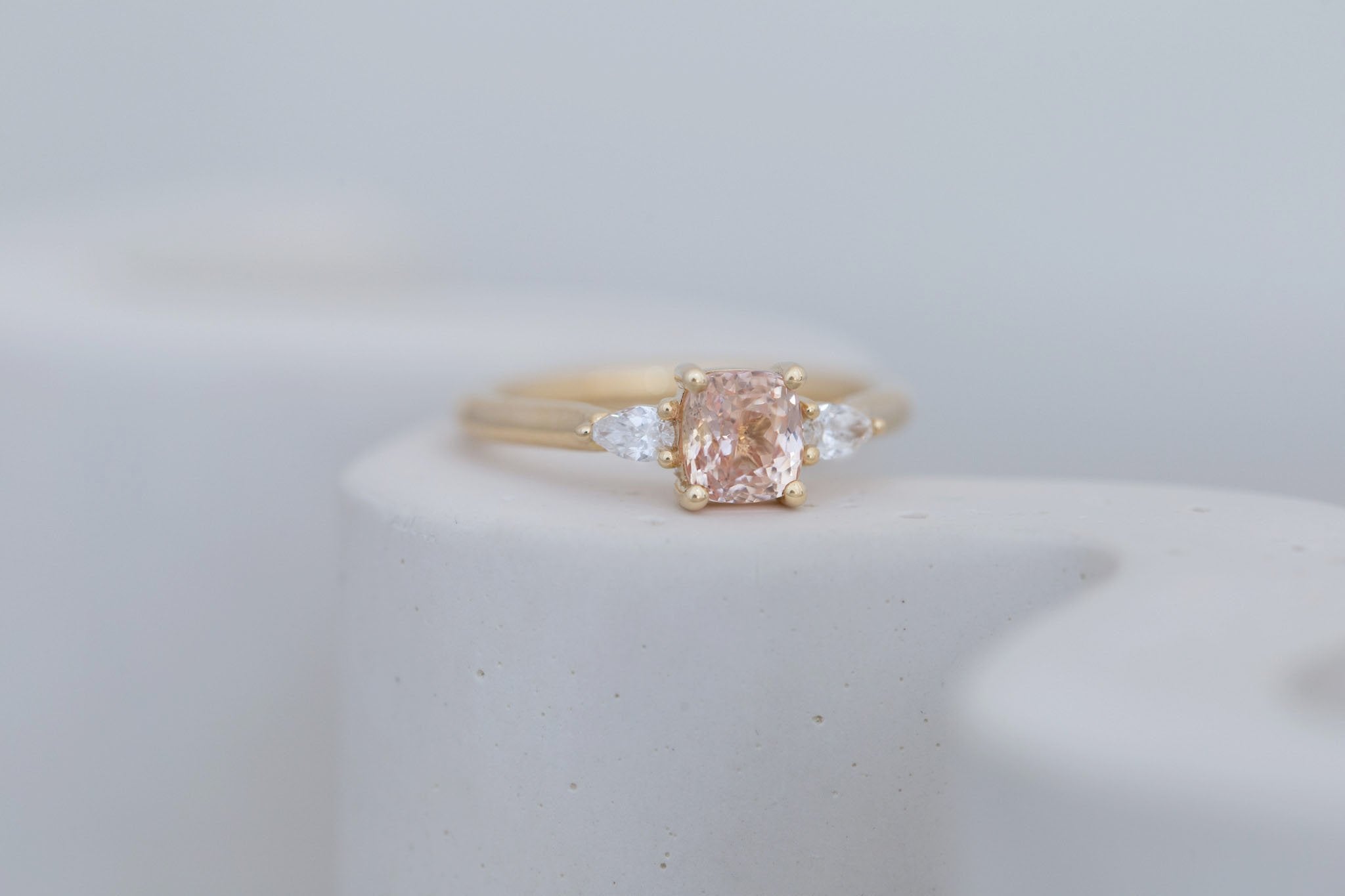 Iris Ring | Peach Cushion Cut Sapphire + Pear Diamond Accent Engagement Ring 1.42 ct | 14k Recycled Gold | One of a Kind