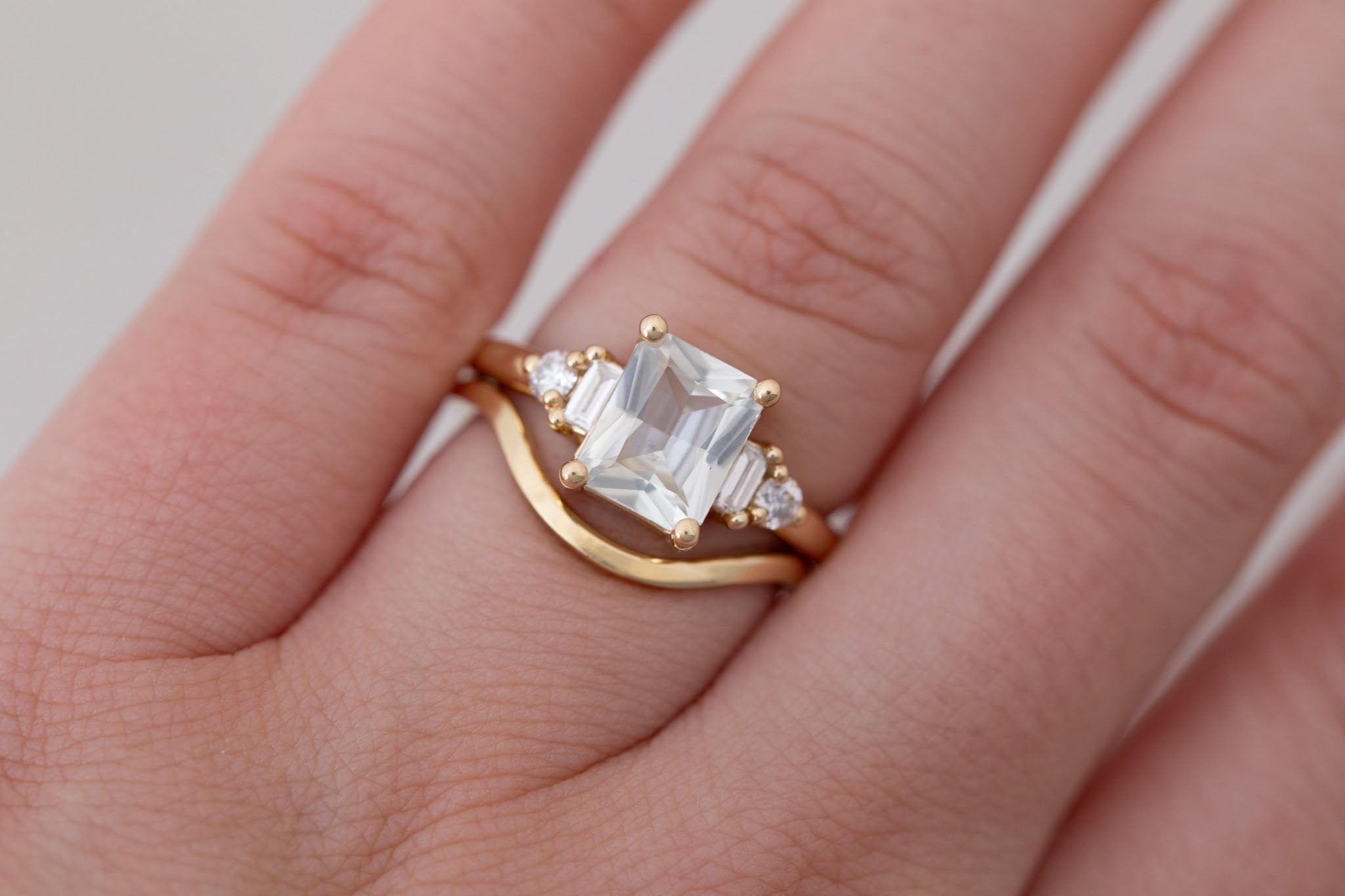 Alsea Ring | White Radiant Sapphire + Baguette and Round Diamond Accent Engagement Ring 1.93 ct | 14k Recycled Gold | One of a Kind
