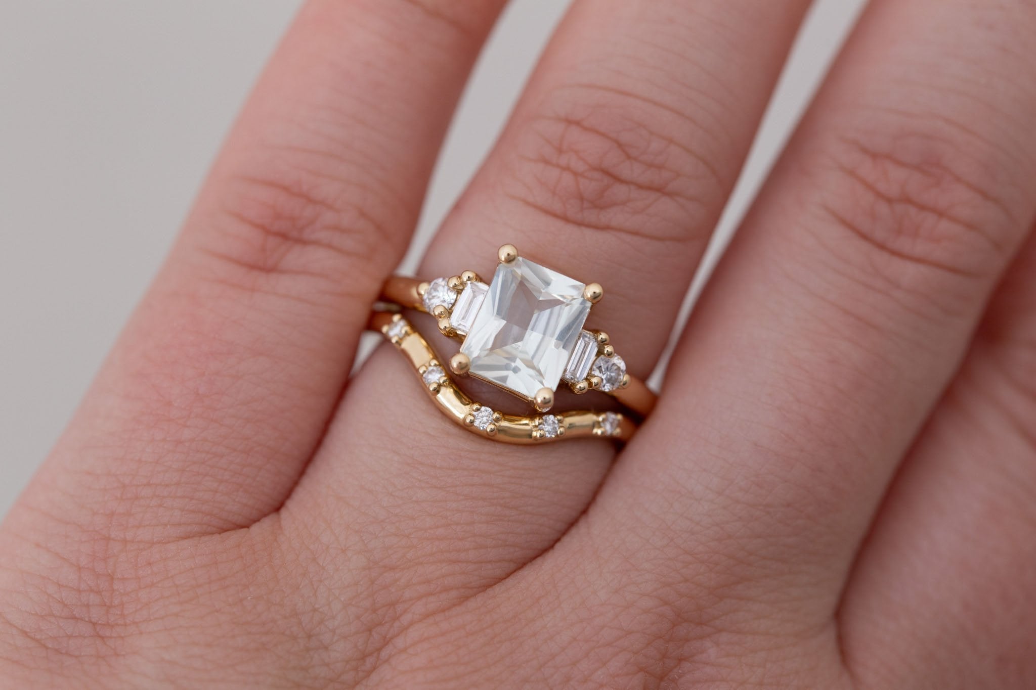 Alsea Ring | White Radiant Sapphire + Baguette and Round Diamond Accent Engagement Ring 1.93 ct | 14k Recycled Gold | One of a Kind