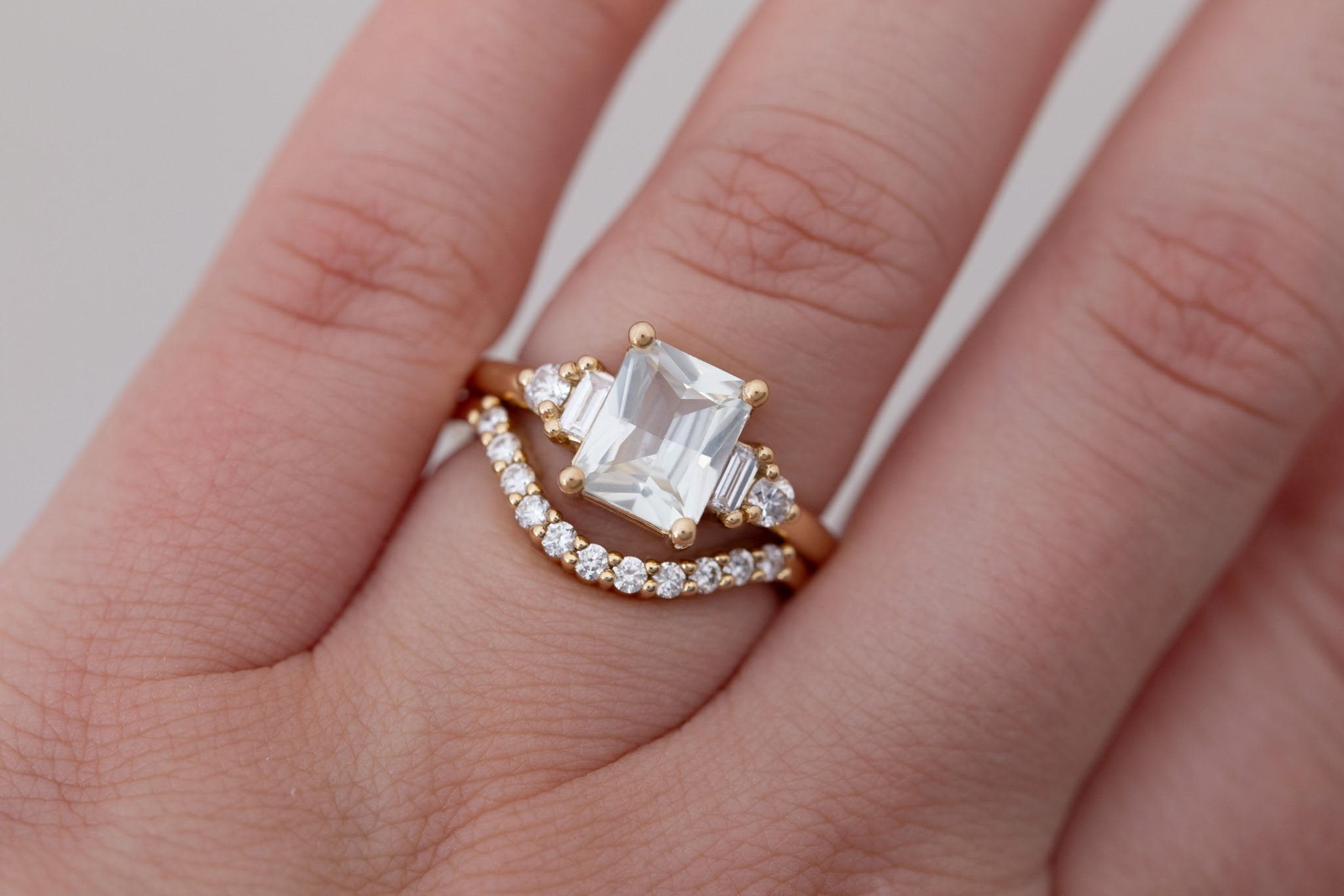 Alsea Ring | White Radiant Sapphire + Baguette and Round Diamond Accent Engagement Ring 1.93 ct | 14k Recycled Gold | One of a Kind