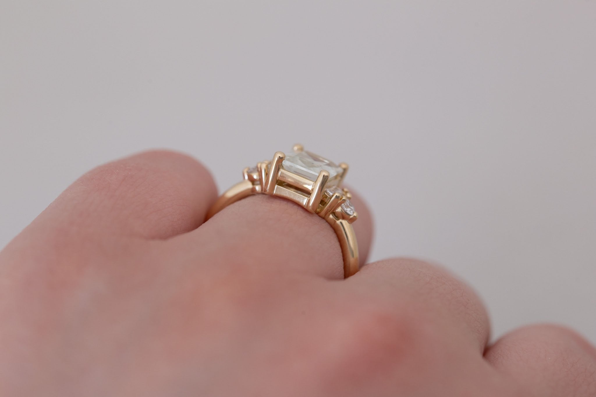 Alsea Ring | White Radiant Sapphire + Baguette and Round Diamond Accent Engagement Ring 1.93 ct | 14k Recycled Gold | One of a Kind