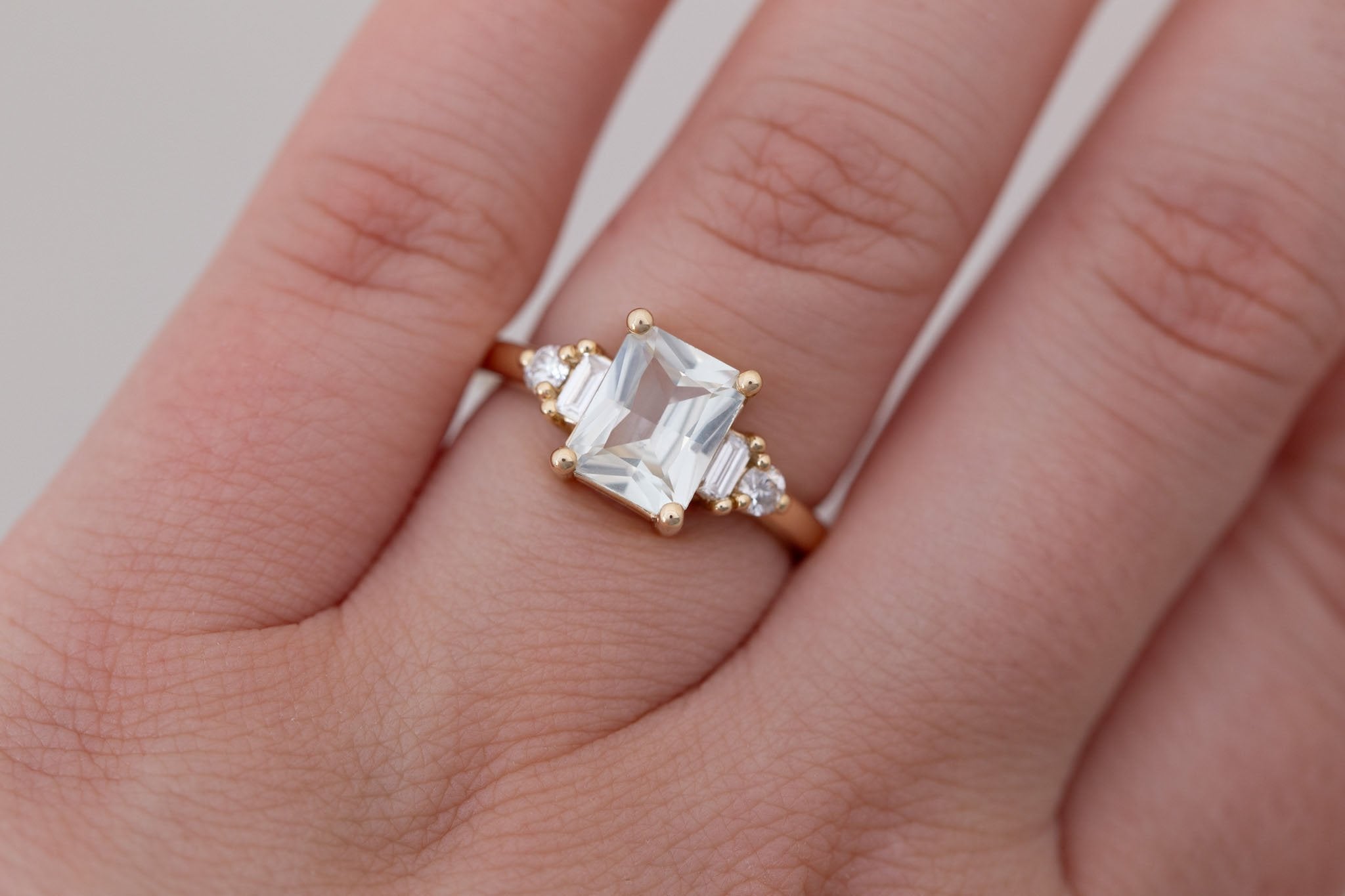 Alsea Ring | White Radiant Sapphire + Baguette and Round Diamond Accent Engagement Ring 1.93 ct | 14k Recycled Gold | One of a Kind