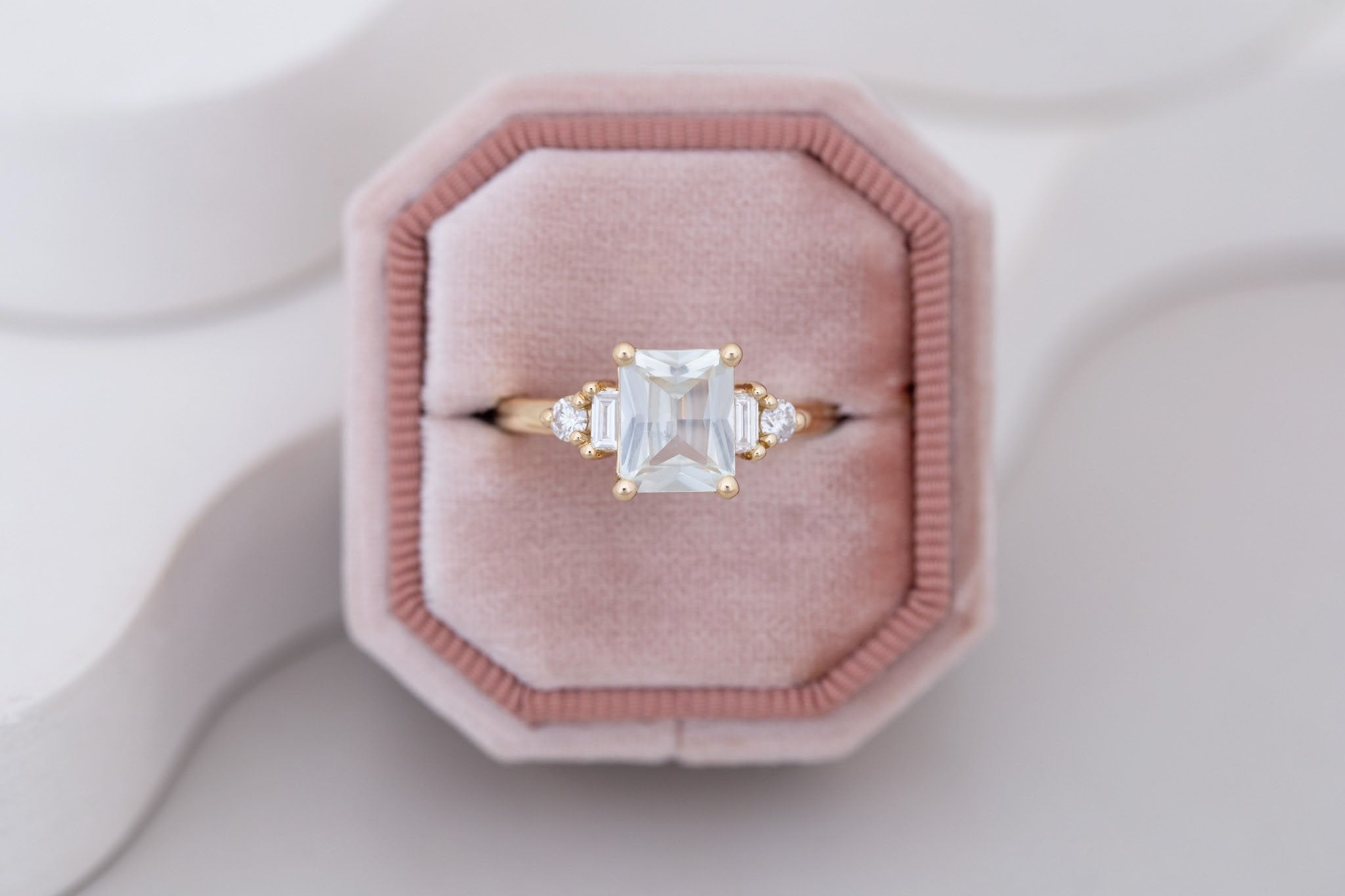Alsea Ring | White Radiant Sapphire + Baguette and Round Diamond Accent Engagement Ring 1.93 ct | 14k Recycled Gold | One of a Kind