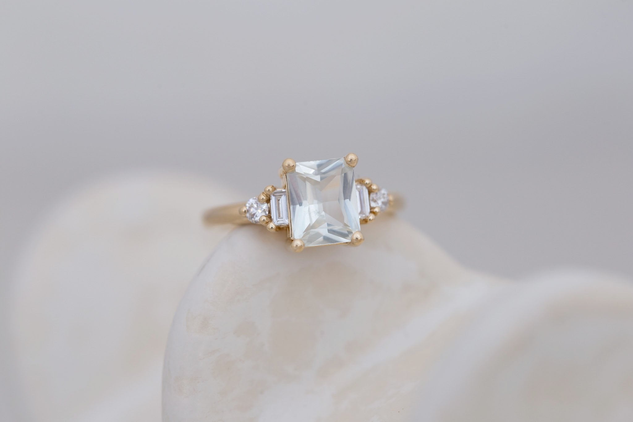 Alsea Ring | White Radiant Sapphire + Baguette and Round Diamond Accent Engagement Ring 1.93 ct | 14k Recycled Gold | One of a Kind