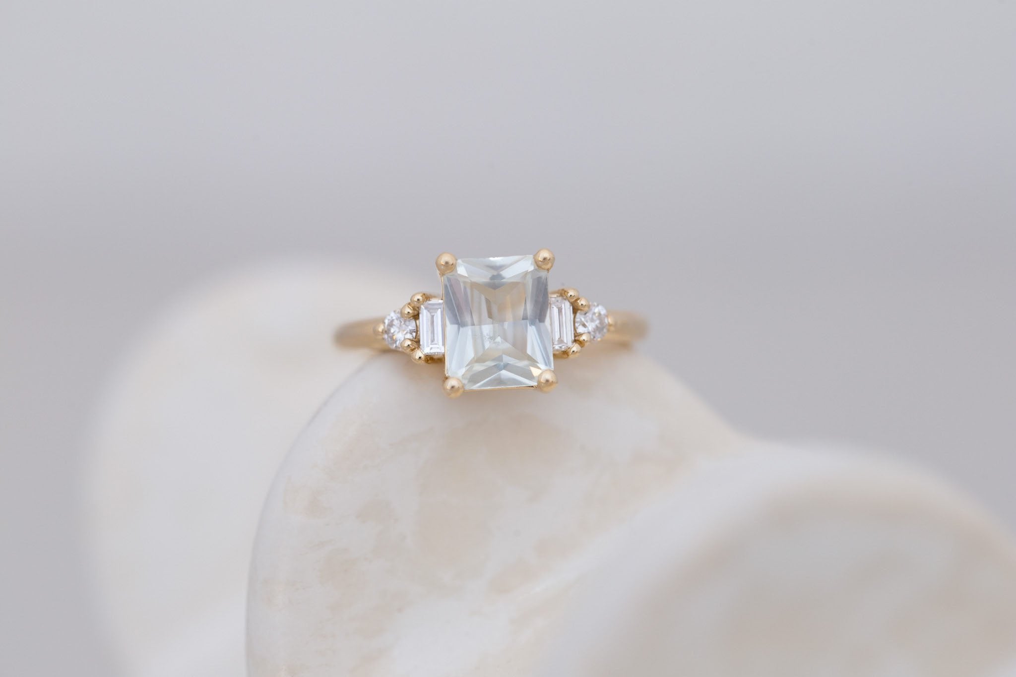 Alsea Ring | White Radiant Sapphire + Baguette and Round Diamond Accent Engagement Ring 1.93 ct | 14k Recycled Gold | One of a Kind