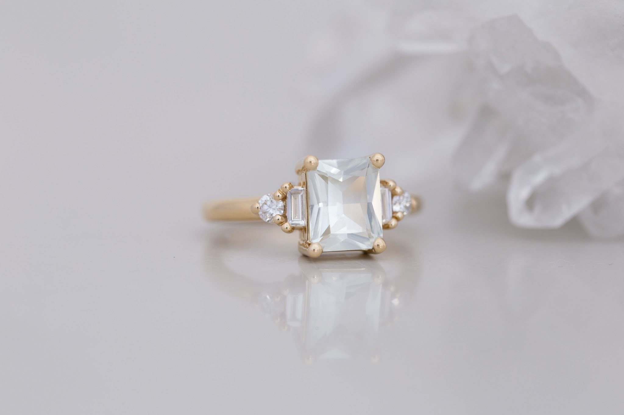 Alsea Ring | White Radiant Sapphire + Baguette and Round Diamond Accent Engagement Ring 1.93 ct | 14k Recycled Gold | One of a Kind
