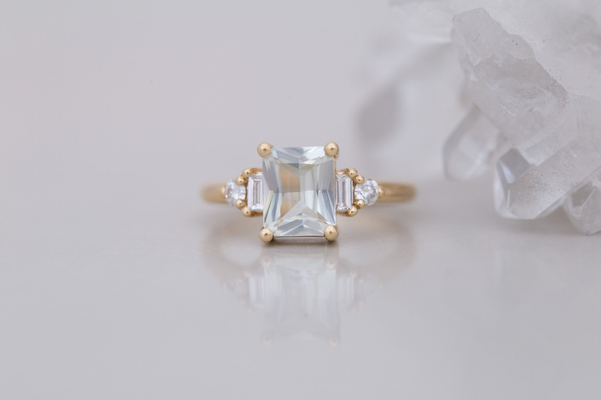Alsea Ring | White Radiant Sapphire + Baguette and Round Diamond Accent Engagement Ring 1.93 ct | 14k Recycled Gold | One of a Kind