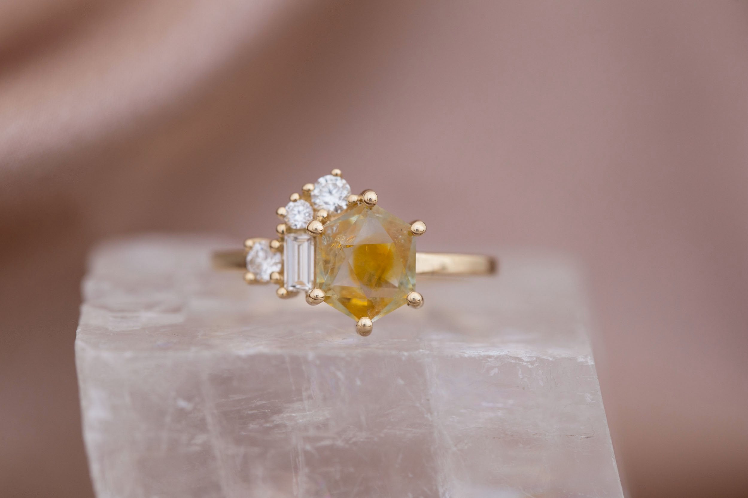 Freya Ring | Montana Yellow Geocut Sapphire + Diamond Cluster Engagement Ring 1.93 ct | 14k Recycled Gold | One of a Kind