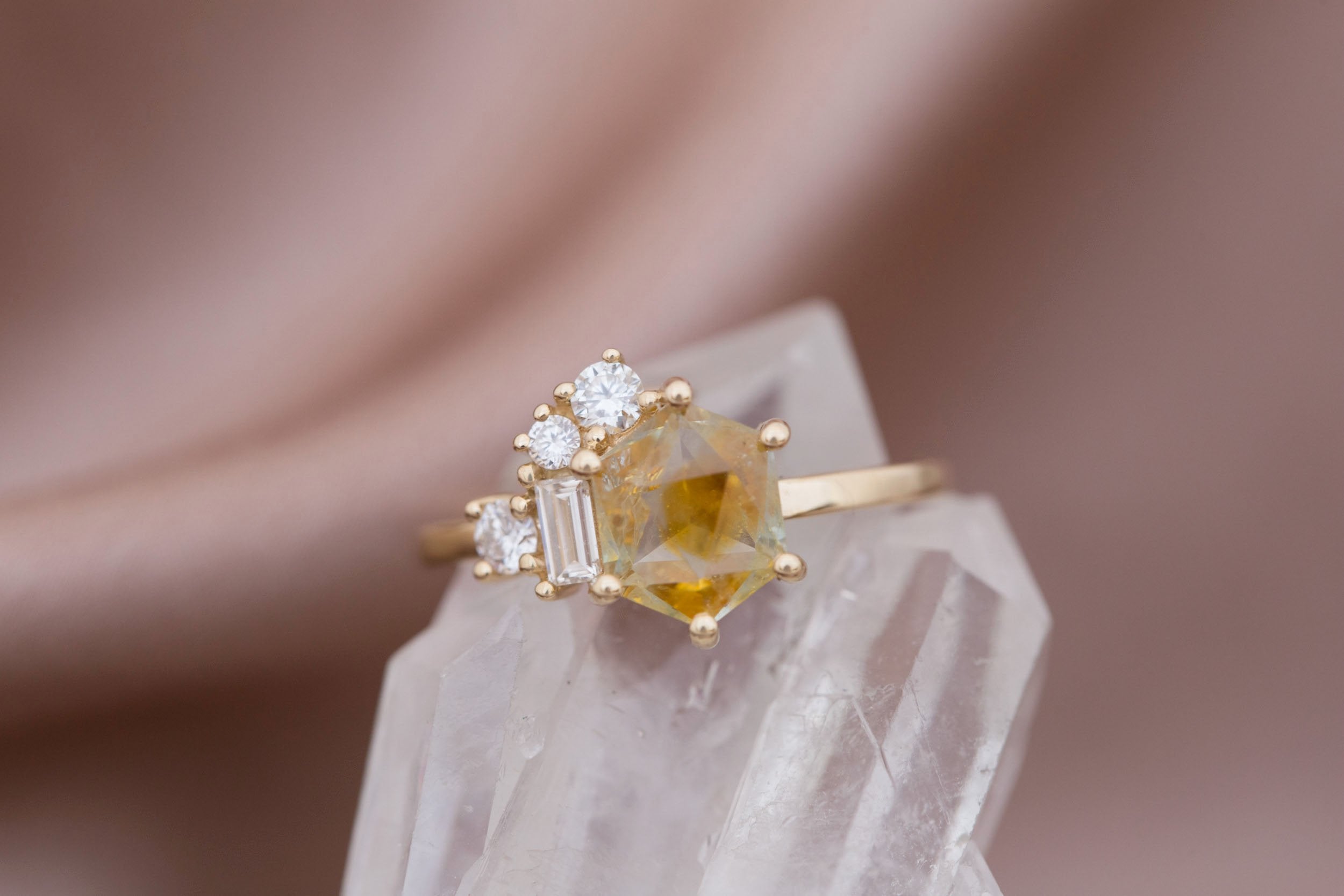 Freya Ring | Montana Yellow Geocut Sapphire + Diamond Cluster Engagement Ring 1.93 ct | 14k Recycled Gold | One of a Kind