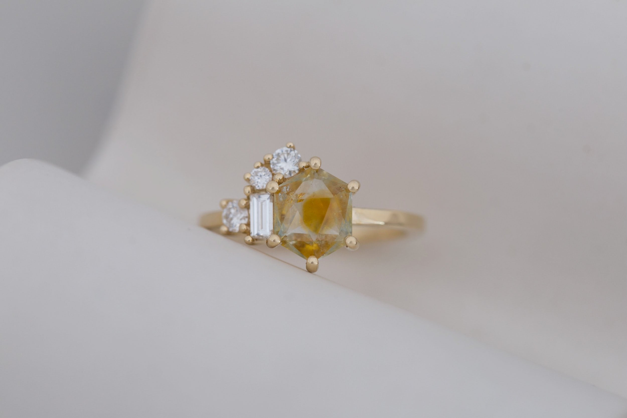 Freya Ring | Montana Yellow Geocut Sapphire + Diamond Cluster Engagement Ring 1.93 ct | 14k Recycled Gold | One of a Kind