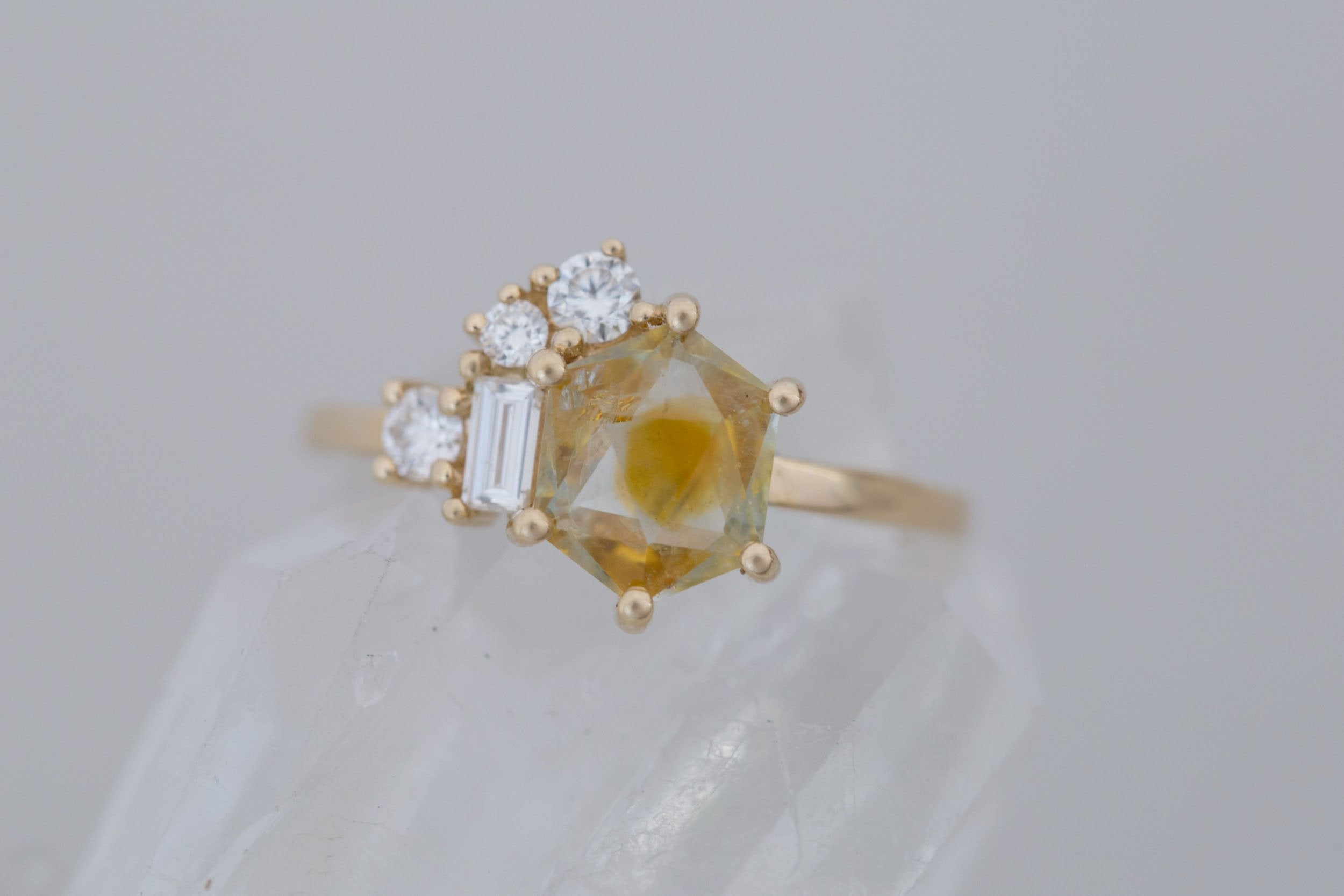 Freya Ring | Montana Yellow Geocut Sapphire + Diamond Cluster Engagement Ring 1.93 ct | 14k Recycled Gold | One of a Kind