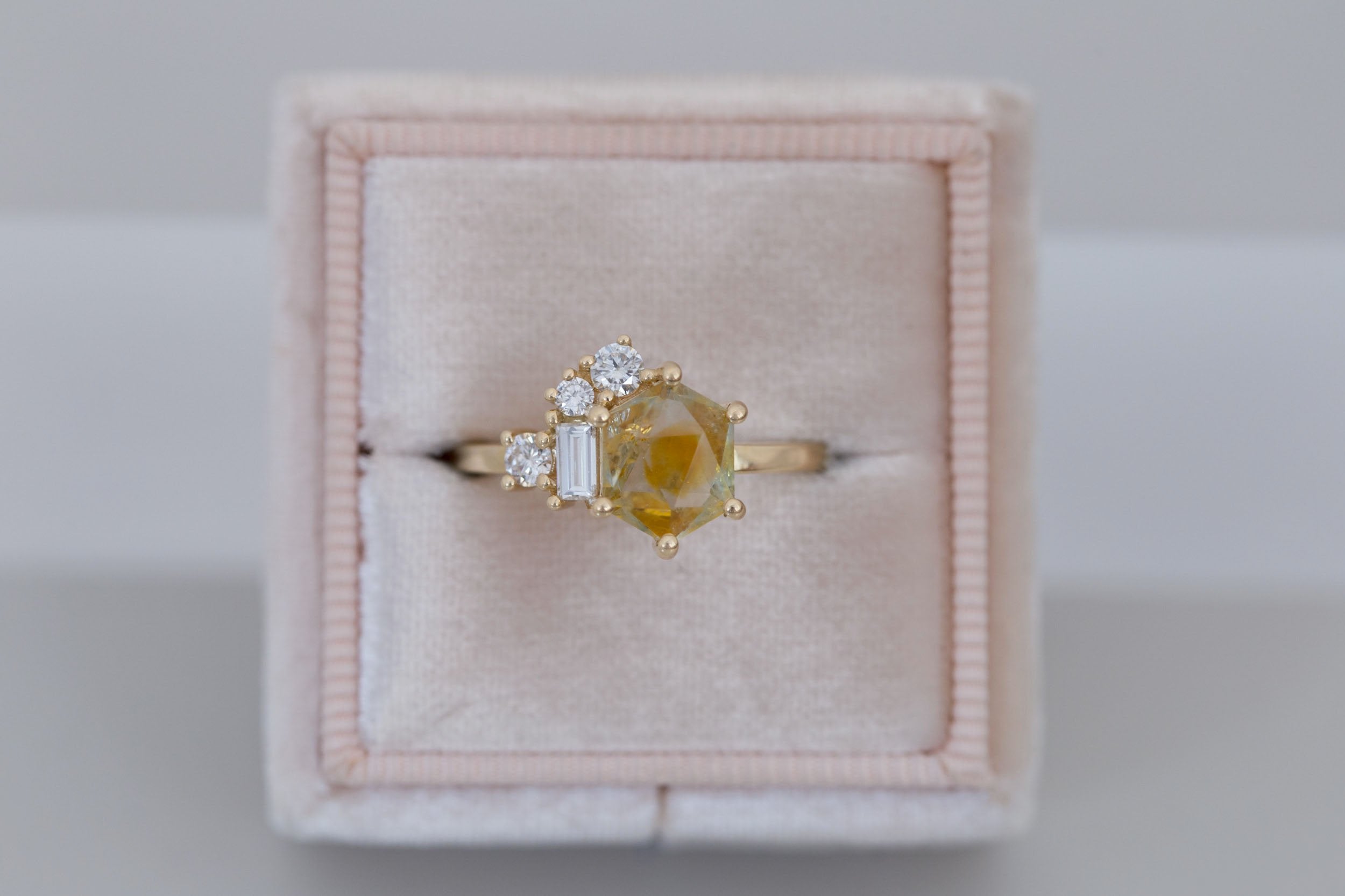 Freya Ring | Montana Yellow Geocut Sapphire + Diamond Cluster Engagement Ring 1.93 ct | 14k Recycled Gold | One of a Kind
