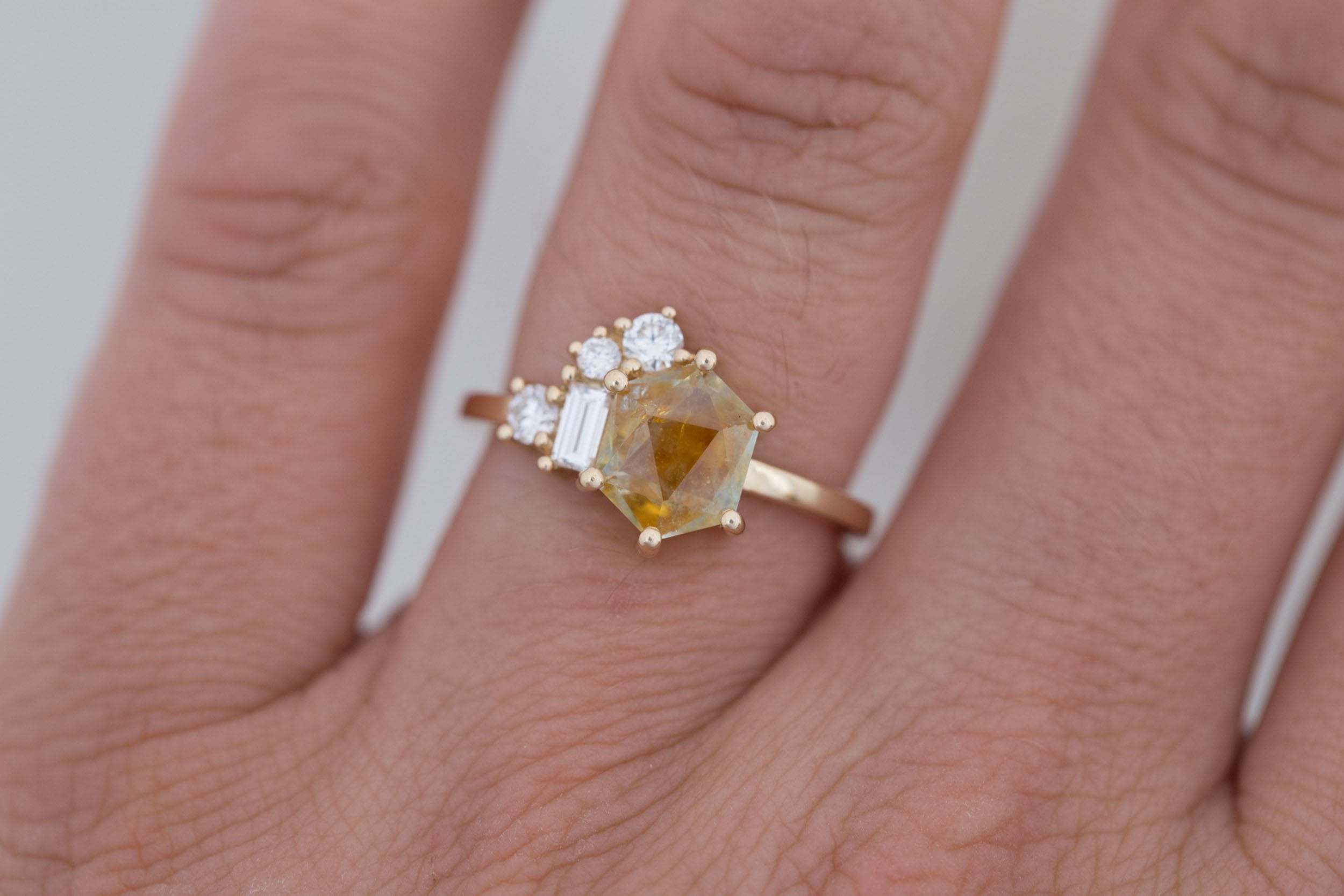 Freya Ring | Montana Yellow Geocut Sapphire + Diamond Cluster Engagement Ring 1.93 ct | 14k Recycled Gold | One of a Kind