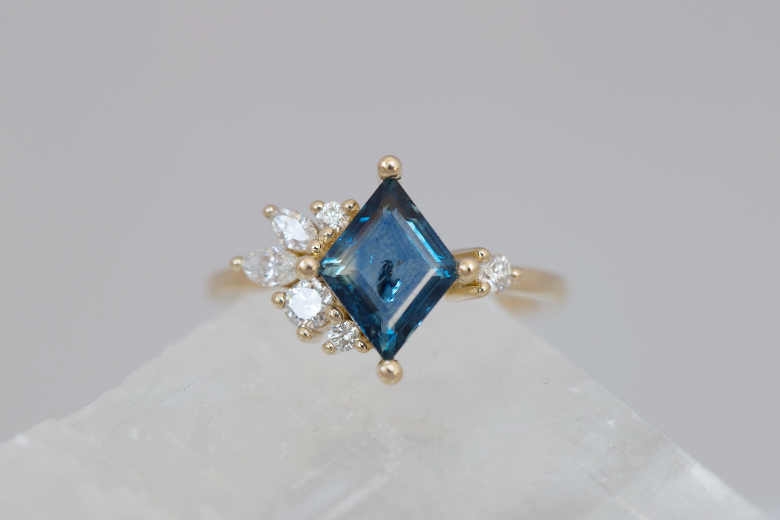 Alden Ring | Teal Sapphire Kite + Diamond Cluster Engagement Ring 1.94 ct | 14k Recycled Gold | One of a Kind