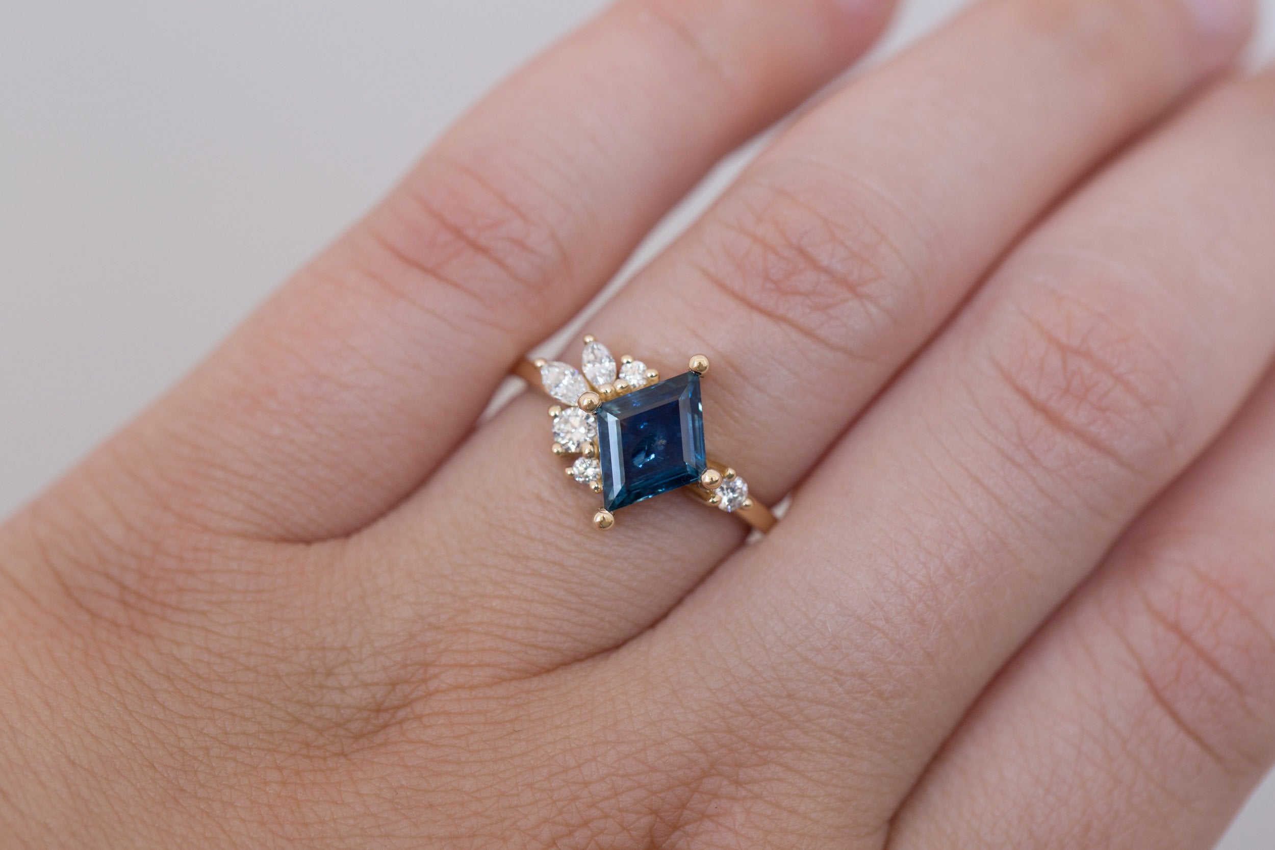 Alden Ring | Teal Sapphire Kite + Diamond Cluster Engagement Ring 1.94 ct | 14k Recycled Gold | One of a Kind