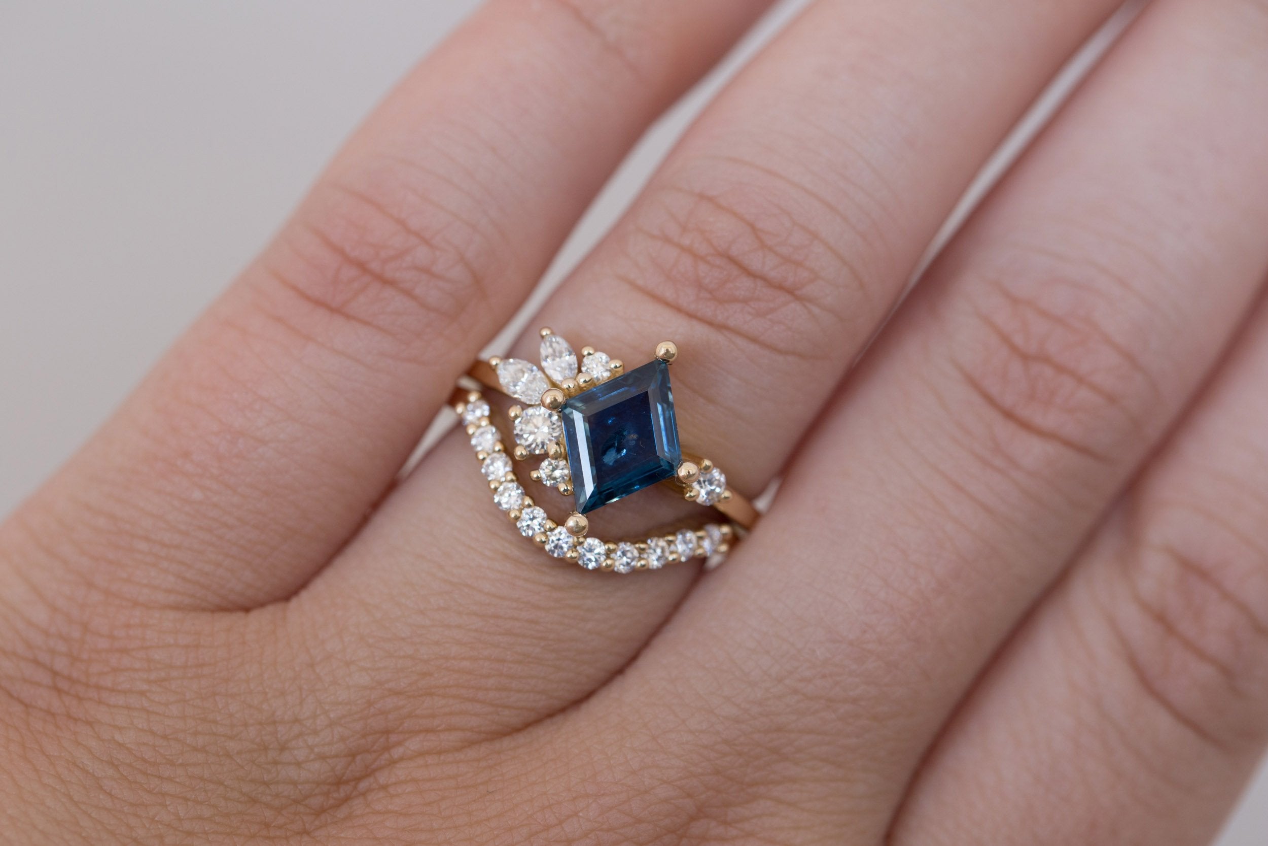 Alden Ring | Teal Sapphire Kite + Diamond Cluster Engagement Ring 1.94 ct | 14k Recycled Gold | One of a Kind