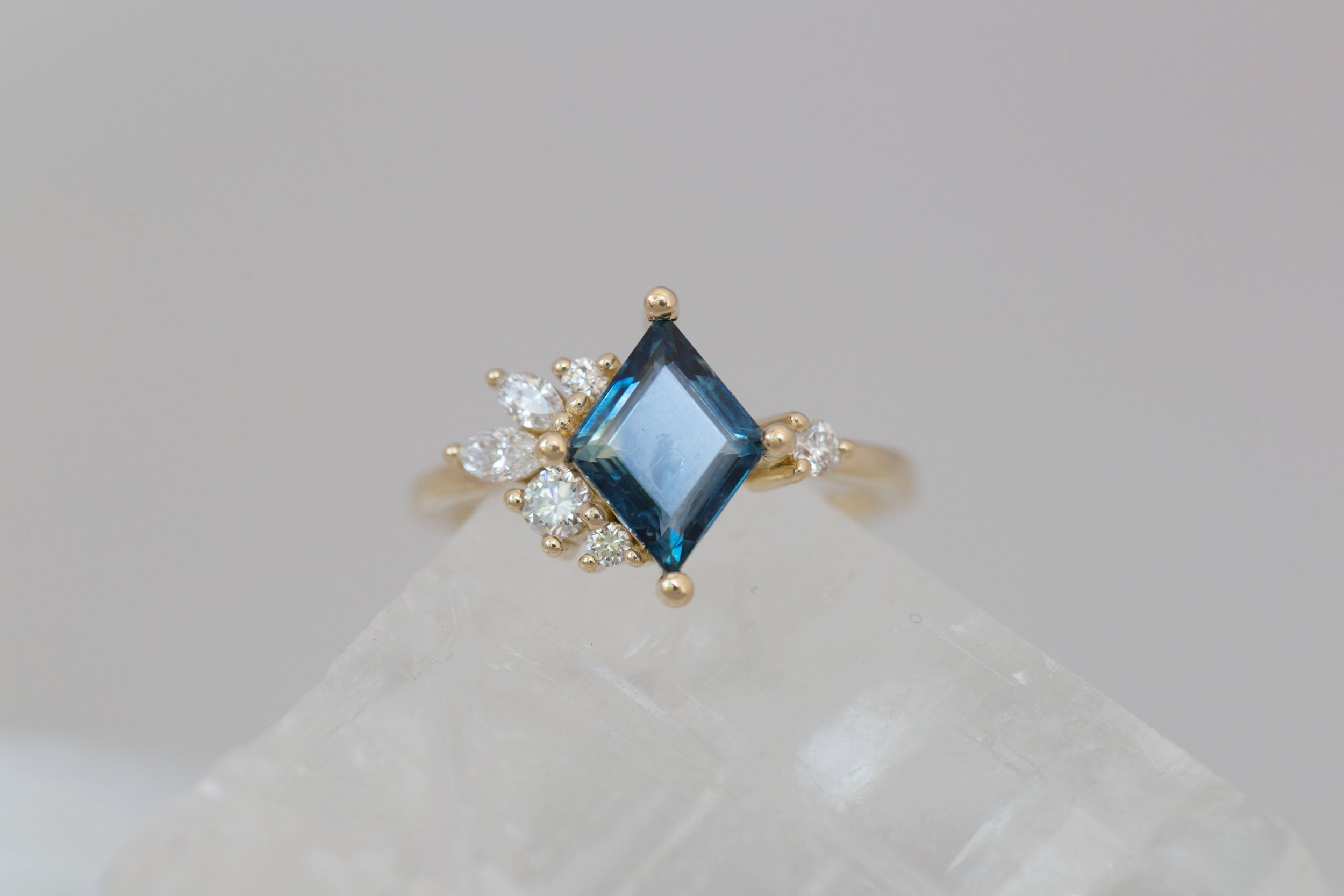 Alden Ring | Teal Sapphire Kite + Diamond Cluster Engagement Ring 1.94 ct | 14k Recycled Gold | One of a Kind