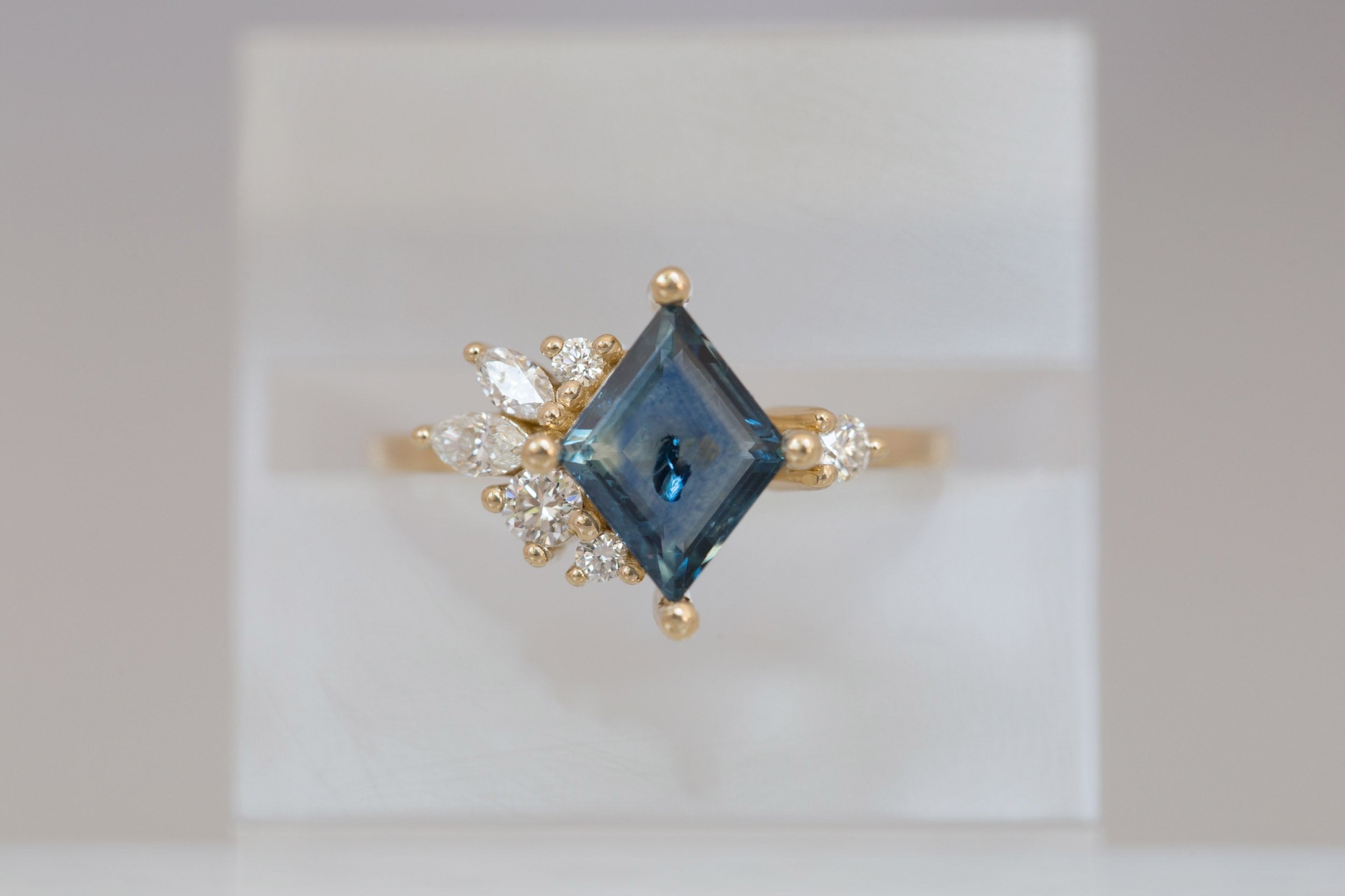 Alden Ring | Teal Sapphire Kite + Diamond Cluster Engagement Ring 1.94 ct | 14k Recycled Gold | One of a Kind