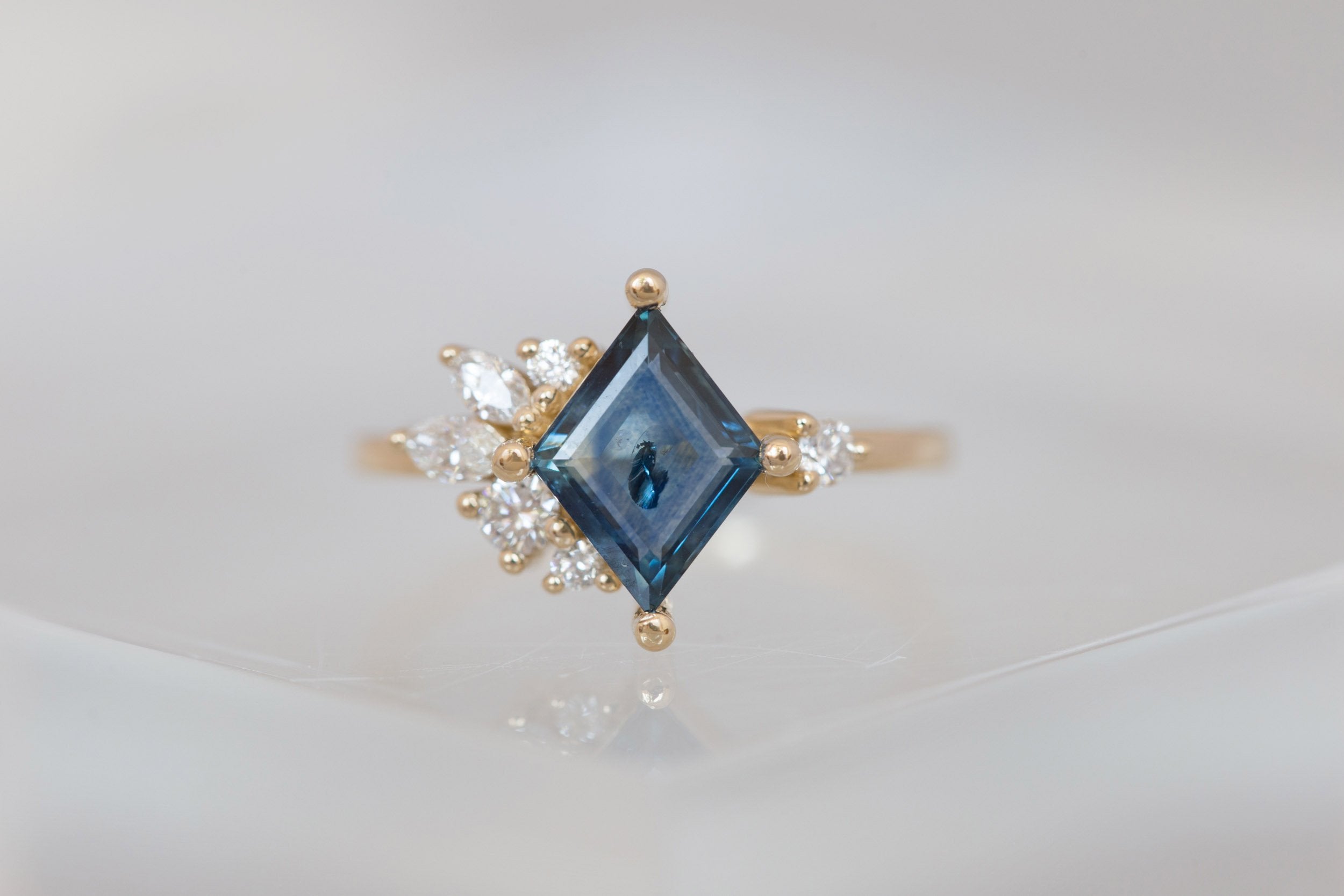 Alden Ring | Teal Sapphire Kite + Diamond Cluster Engagement Ring 1.94 ct | 14k Recycled Gold | One of a Kind