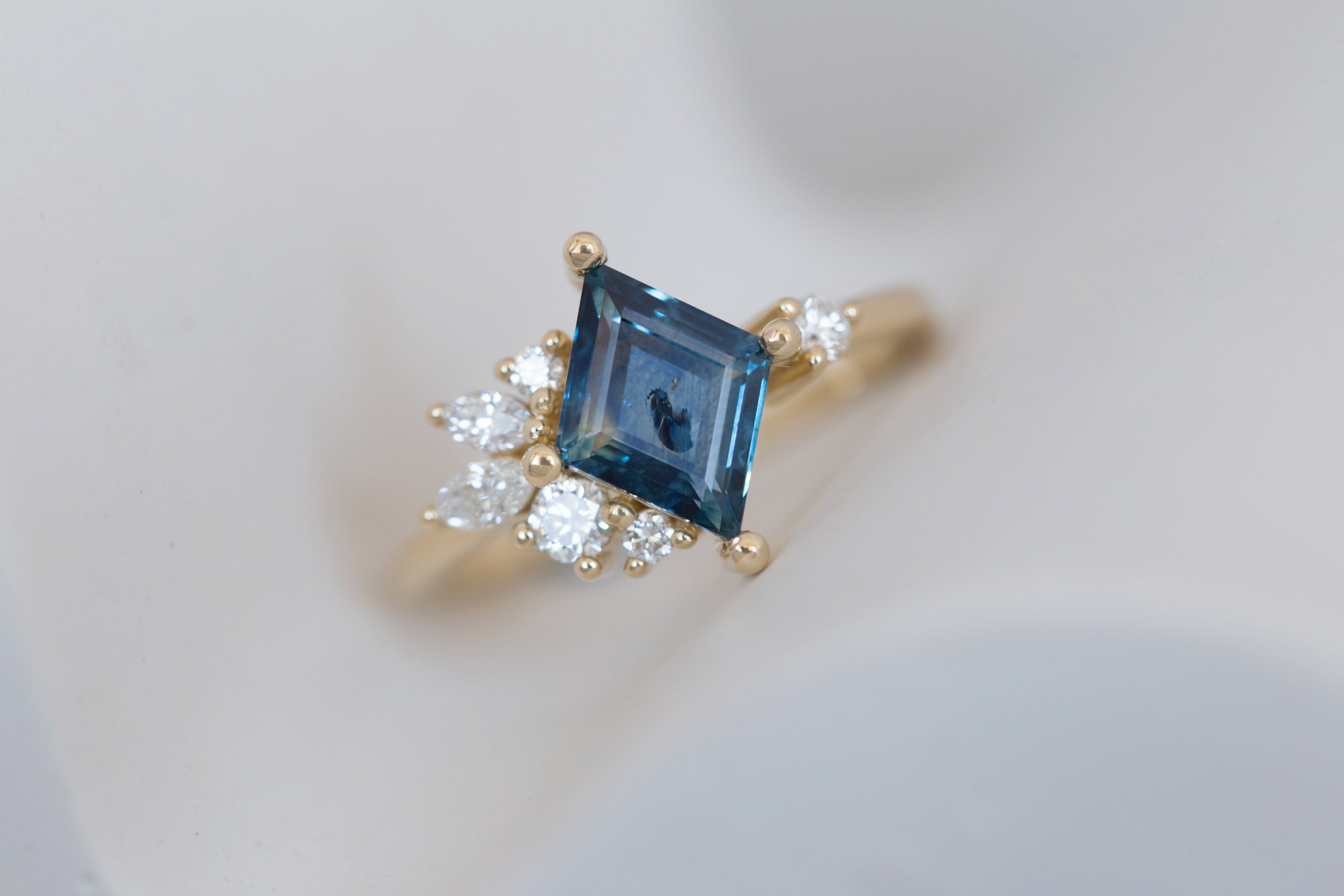 Alden Ring | Teal Sapphire Kite + Diamond Cluster Engagement Ring 1.94 ct | 14k Recycled Gold | One of a Kind