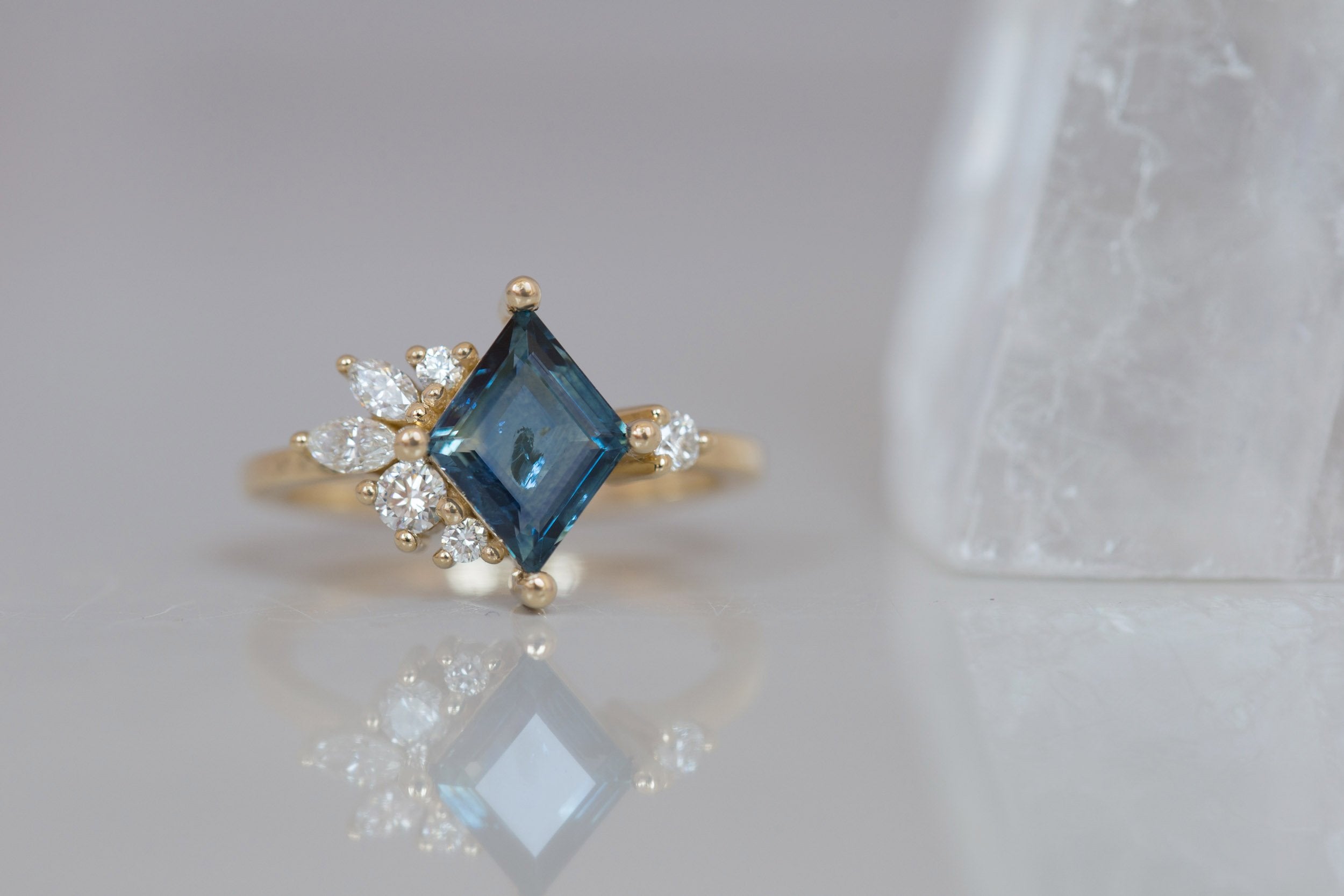 Alden Ring | Teal Sapphire Kite + Diamond Cluster Engagement Ring 1.94 ct | 14k Recycled Gold | One of a Kind
