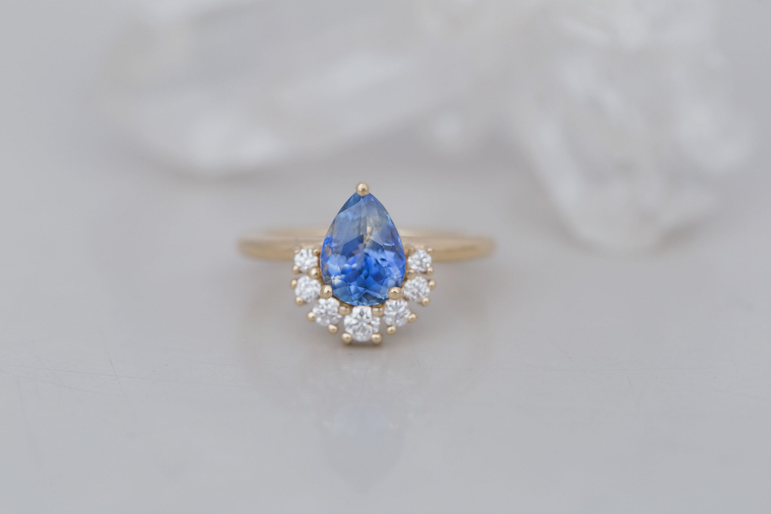 Laurel Ring | Bicolor Pear Cut Sapphire + Diamond Cluster Engagement Ring 1.95 ct | 14k Recycled Gold
