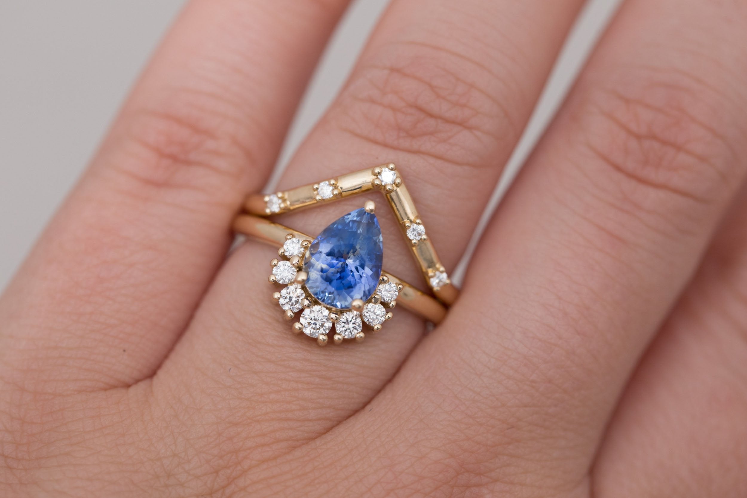 Laurel Ring | Bicolor Pear Cut Sapphire + Diamond Cluster Engagement Ring 1.95 ct | 14k Recycled Gold