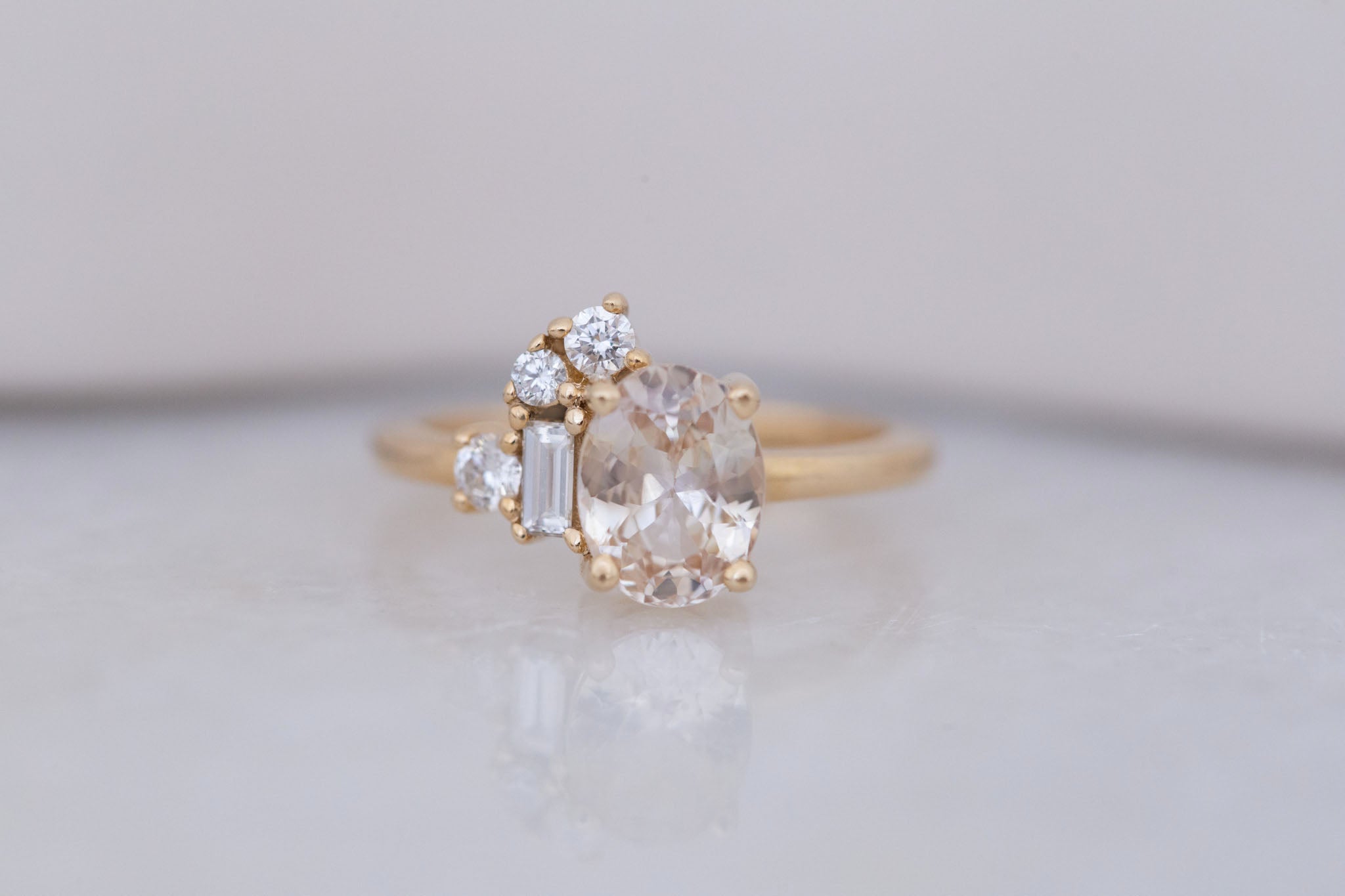 Freya Ring | Apricot Sapphire + Diamond Cluster Engagement Ring 1.96 ct | 14k Recycled Gold | One of a Kind