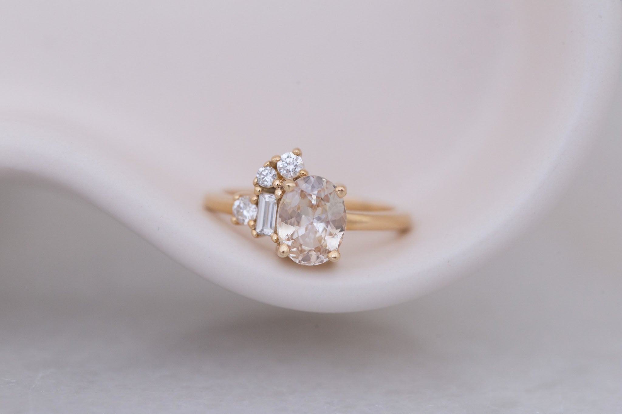 Freya Ring | Apricot Sapphire + Diamond Cluster Engagement Ring 1.96 ct | 14k Recycled Gold | One of a Kind