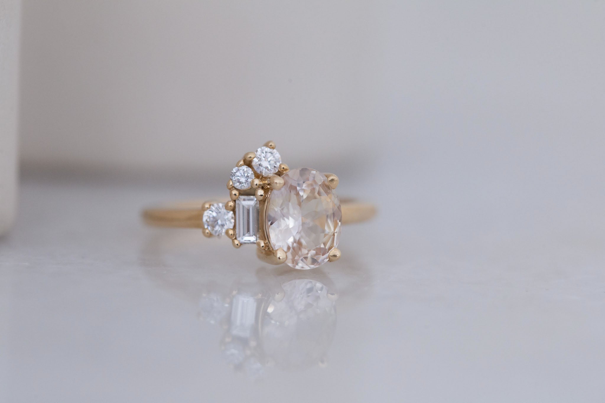 Freya Ring | Apricot Sapphire + Diamond Cluster Engagement Ring 1.96 ct | 14k Recycled Gold | One of a Kind