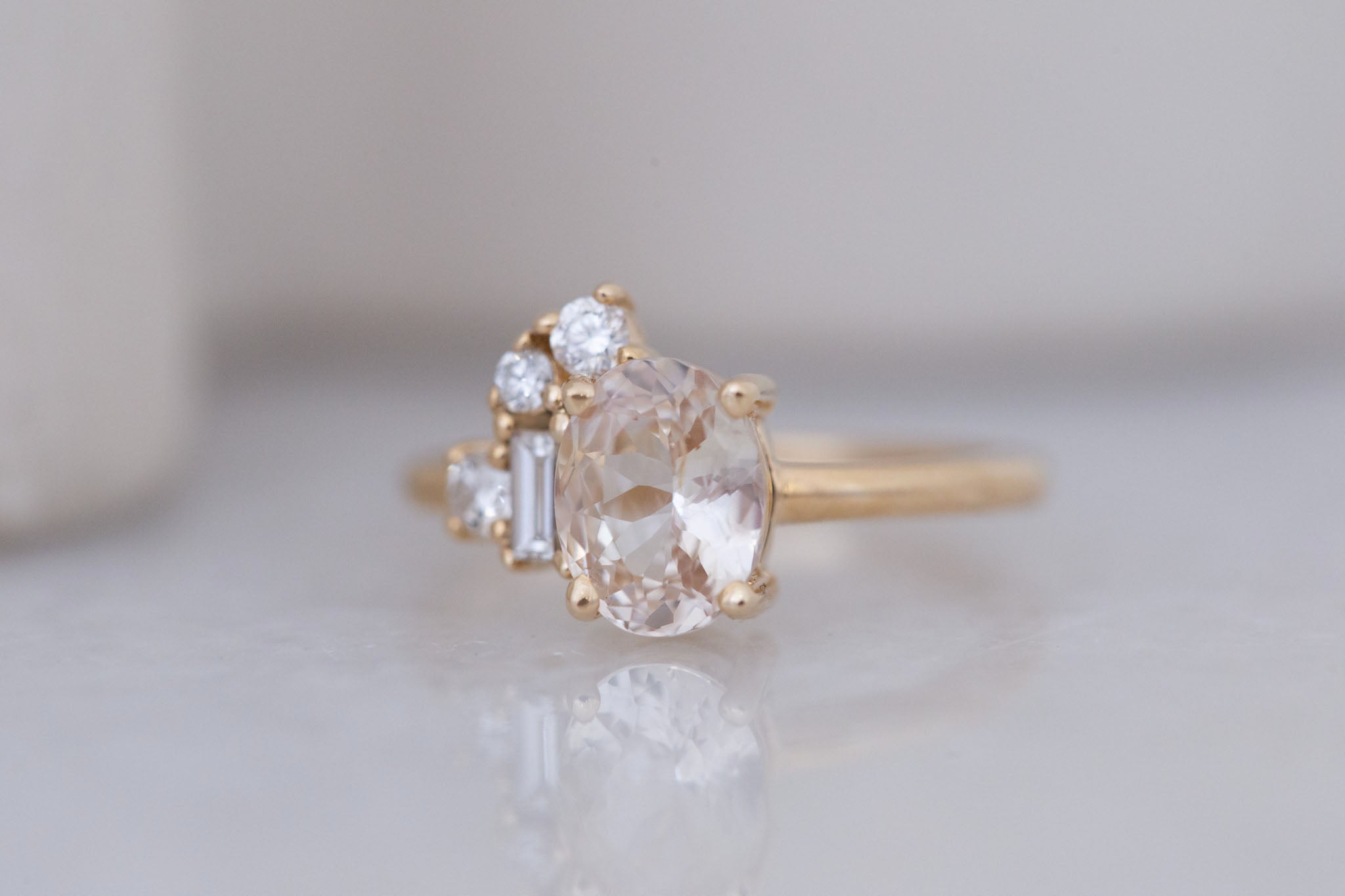 Freya Ring | Apricot Sapphire + Diamond Cluster Engagement Ring 1.96 ct | 14k Recycled Gold | One of a Kind