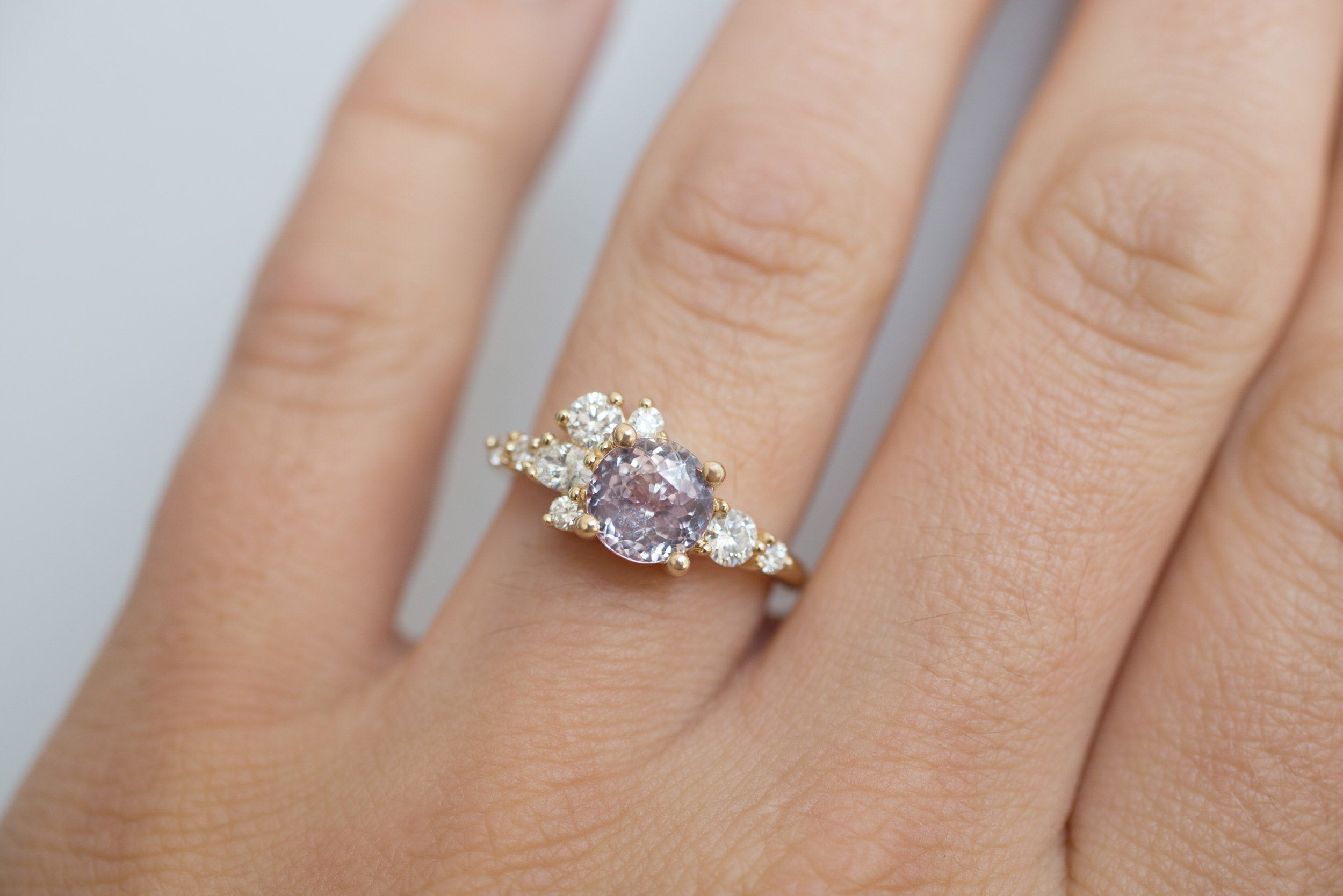 Ilia Ring | Round Lavender Sapphire + Diamond Cluster Engagement Ring 1.97 ct | 14k Recycled Gold | One of a Kind