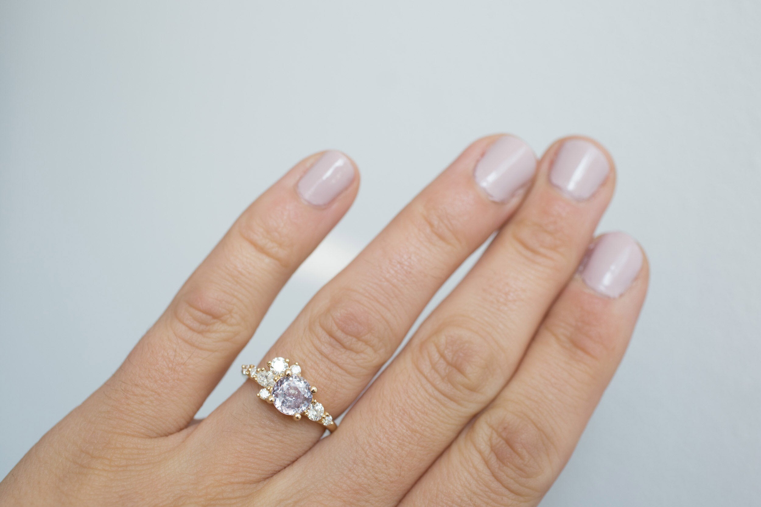 Ilia Ring | Round Lavender Sapphire + Diamond Cluster Engagement Ring 1.97 ct | 14k Recycled Gold | One of a Kind