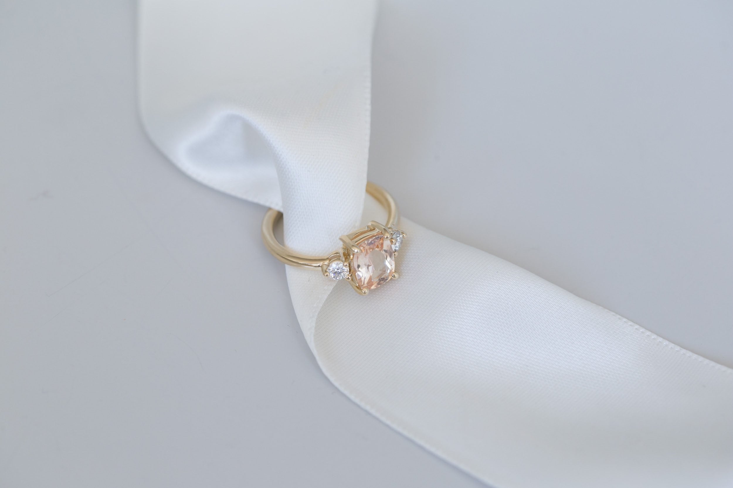 Maeve Ring | Peach Cushion Sapphire + Round Diamond Accent Engagement Ring 1.98 ct | 14k Recycled Gold | One of a Kind