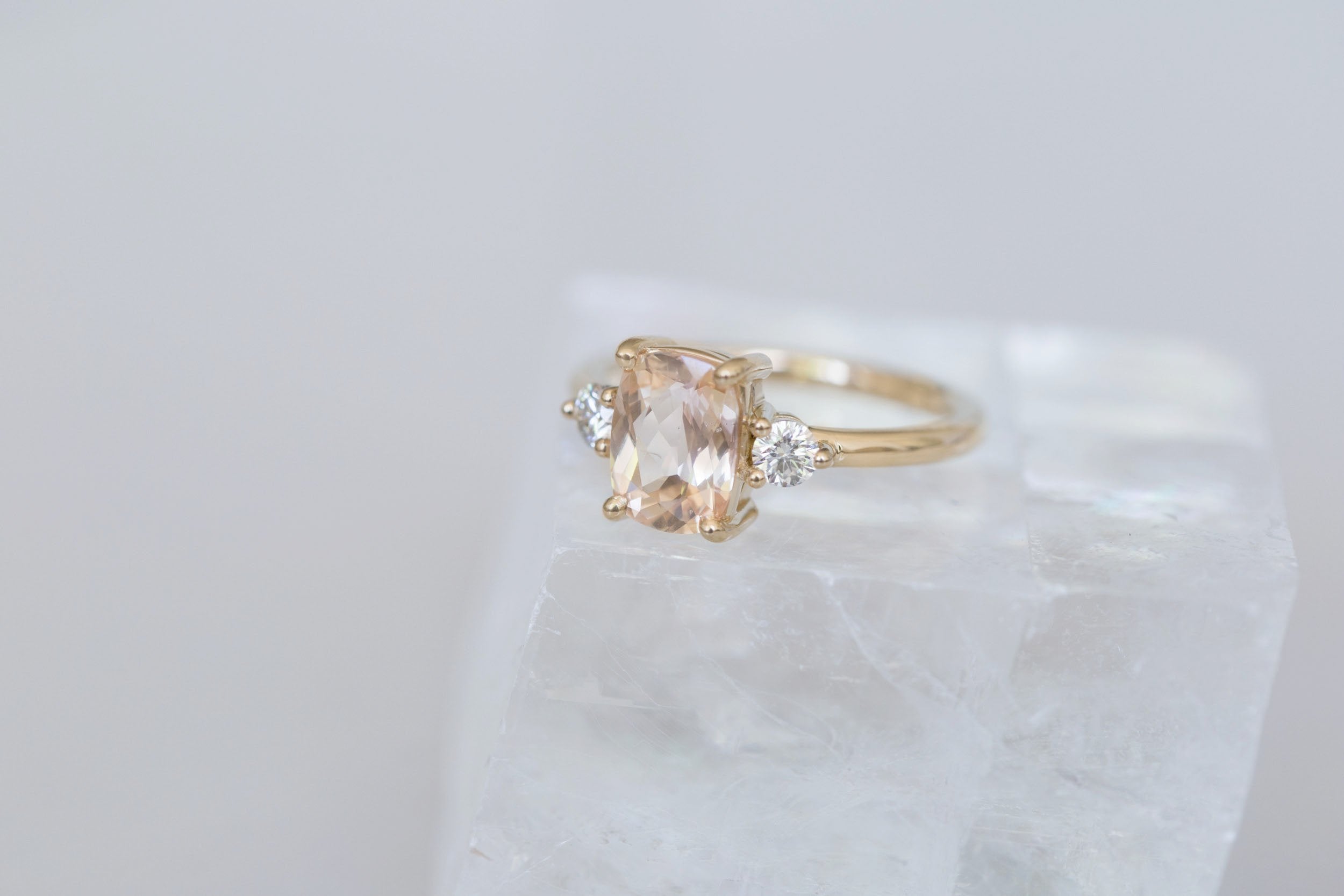 Maeve Ring | Peach Cushion Sapphire + Round Diamond Accent Engagement Ring 1.98 ct | 14k Recycled Gold | One of a Kind