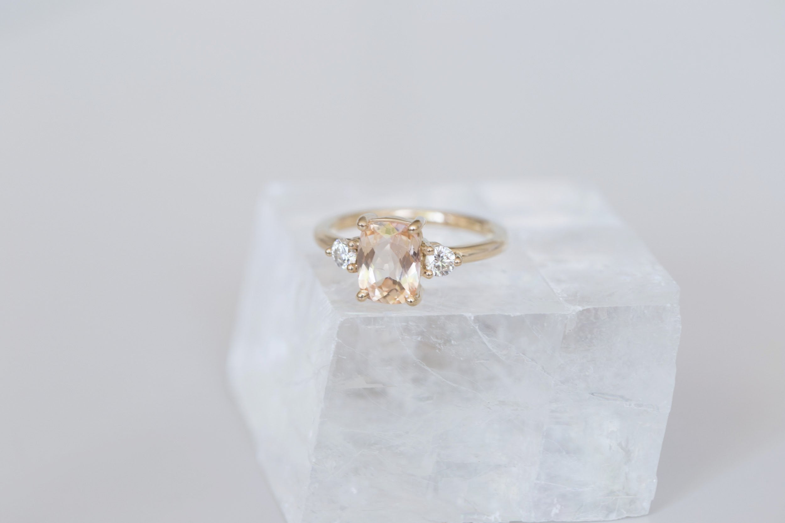 Maeve Ring | Peach Cushion Sapphire + Round Diamond Accent Engagement Ring 1.98 ct | 14k Recycled Gold | One of a Kind