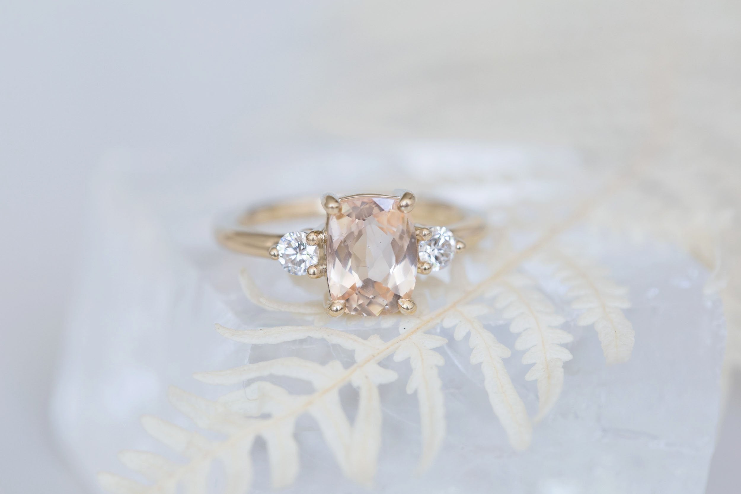 Maeve Ring | Peach Cushion Sapphire + Round Diamond Accent Engagement Ring 1.98 ct | 14k Recycled Gold | One of a Kind