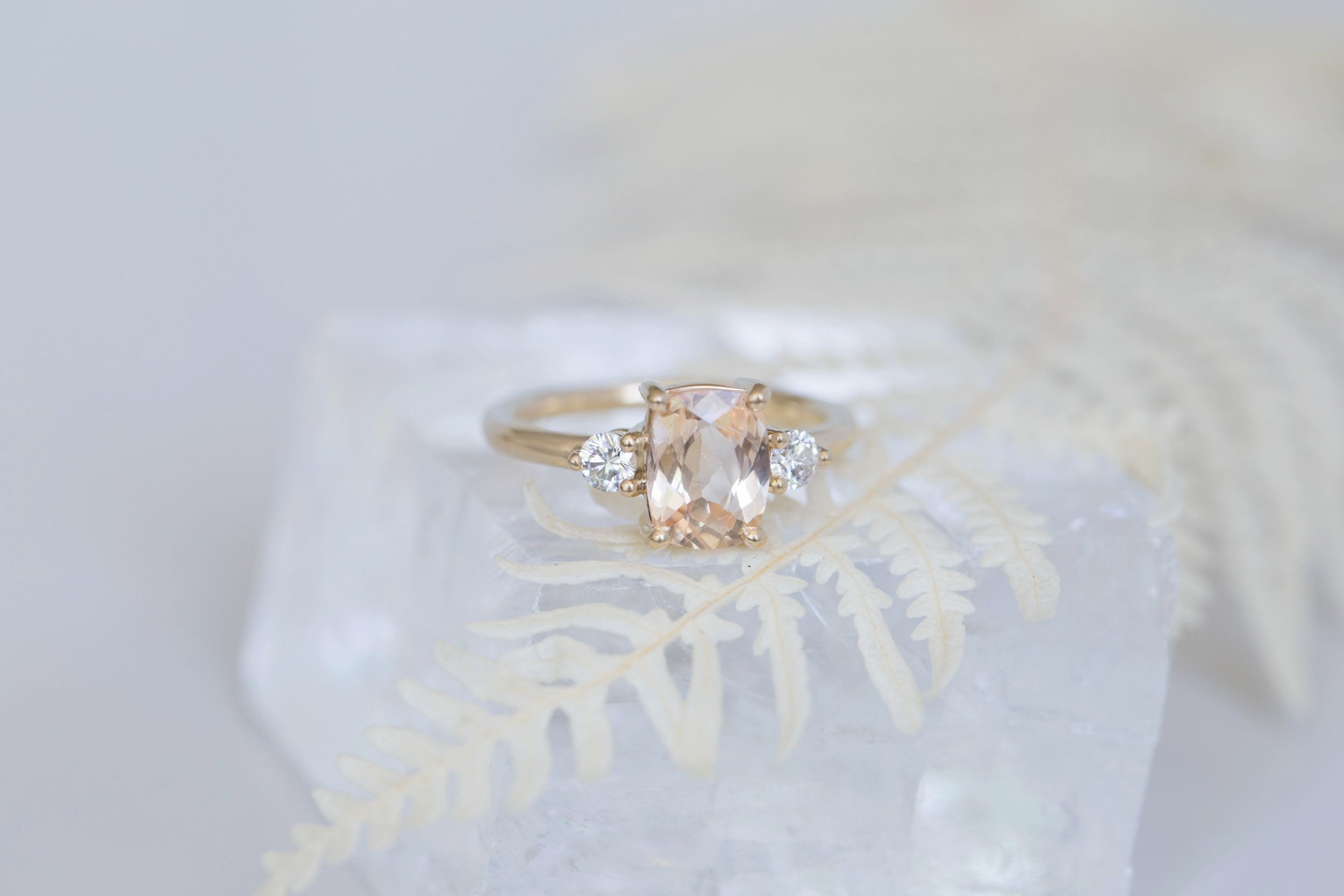 Maeve Ring | Peach Cushion Sapphire + Round Diamond Accent Engagement Ring 1.98 ct | 14k Recycled Gold | One of a Kind