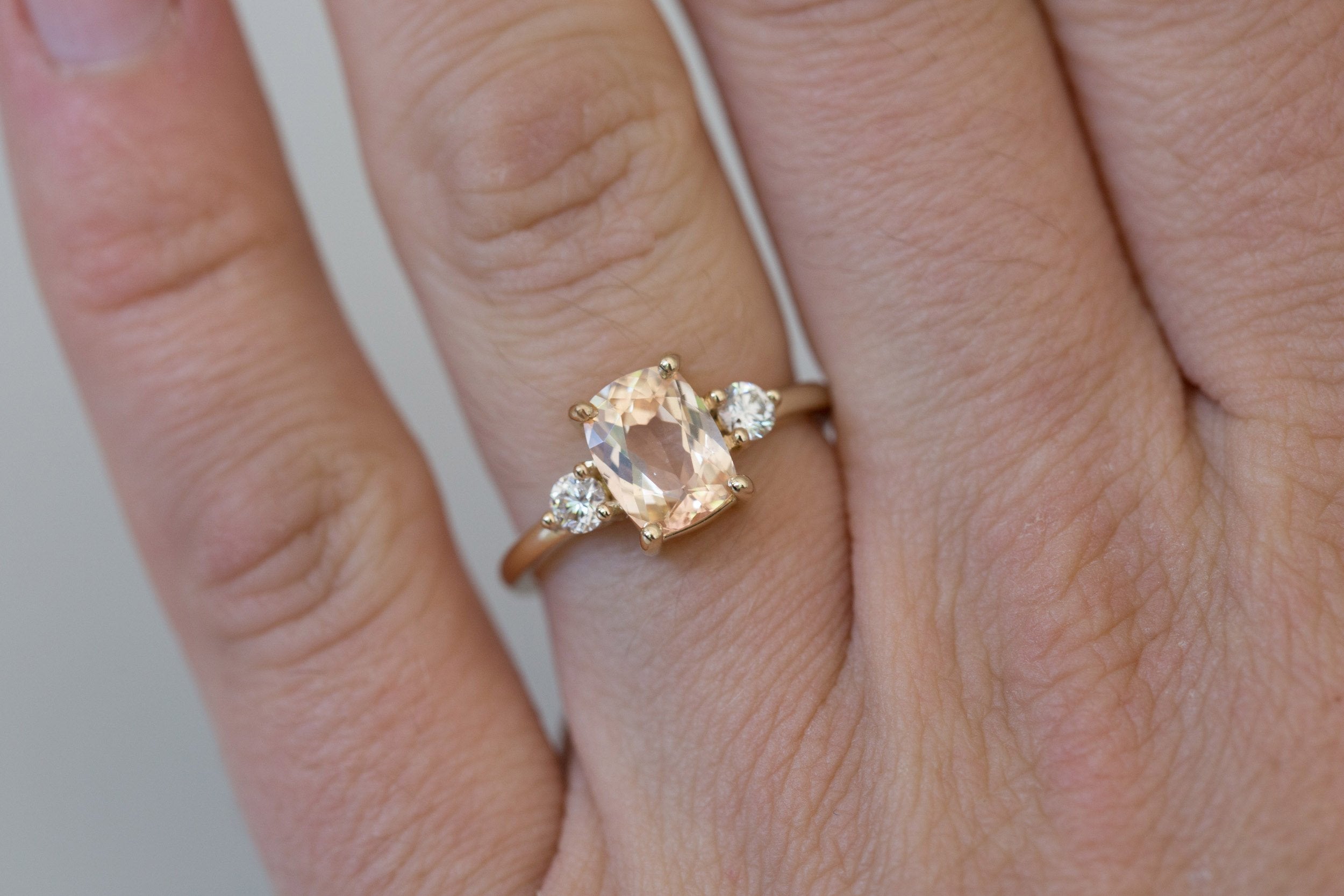 Maeve Ring | Peach Cushion Sapphire + Round Diamond Accent Engagement Ring 1.98 ct | 14k Recycled Gold | One of a Kind