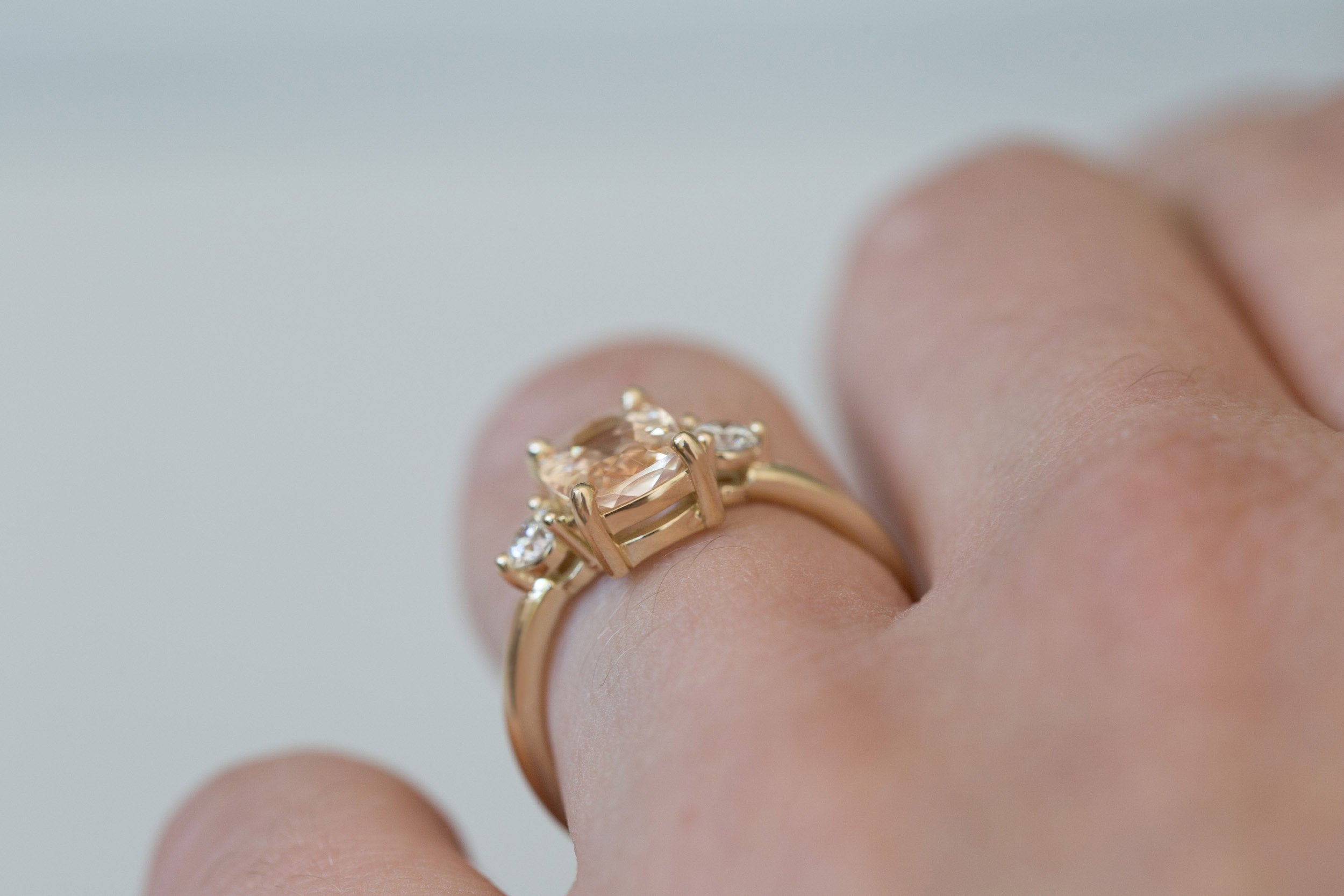 Maeve Ring | Peach Cushion Sapphire + Round Diamond Accent Engagement Ring 1.98 ct | 14k Recycled Gold | One of a Kind