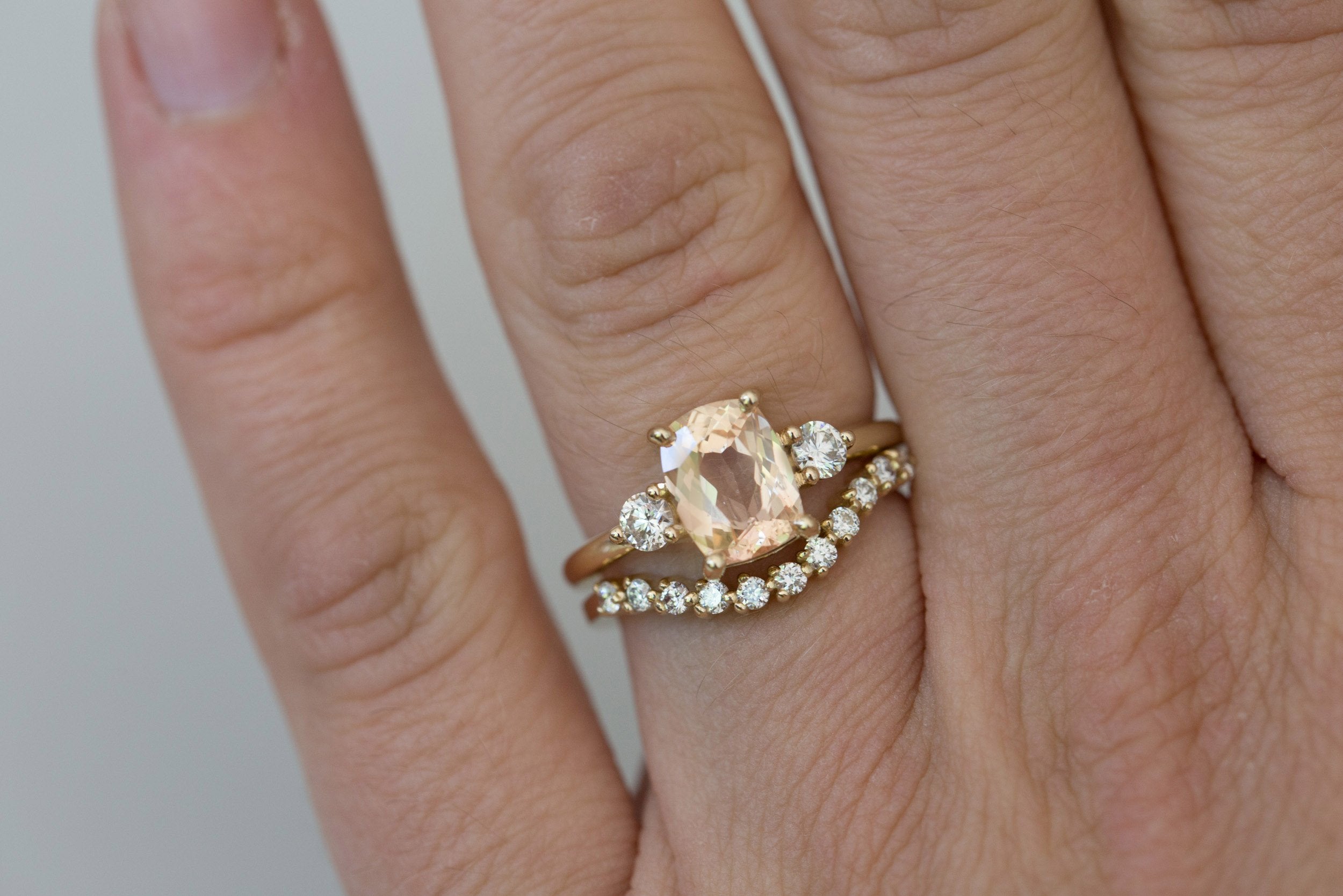 Maeve Ring | Peach Cushion Sapphire + Round Diamond Accent Engagement Ring 1.98 ct | 14k Recycled Gold | One of a Kind